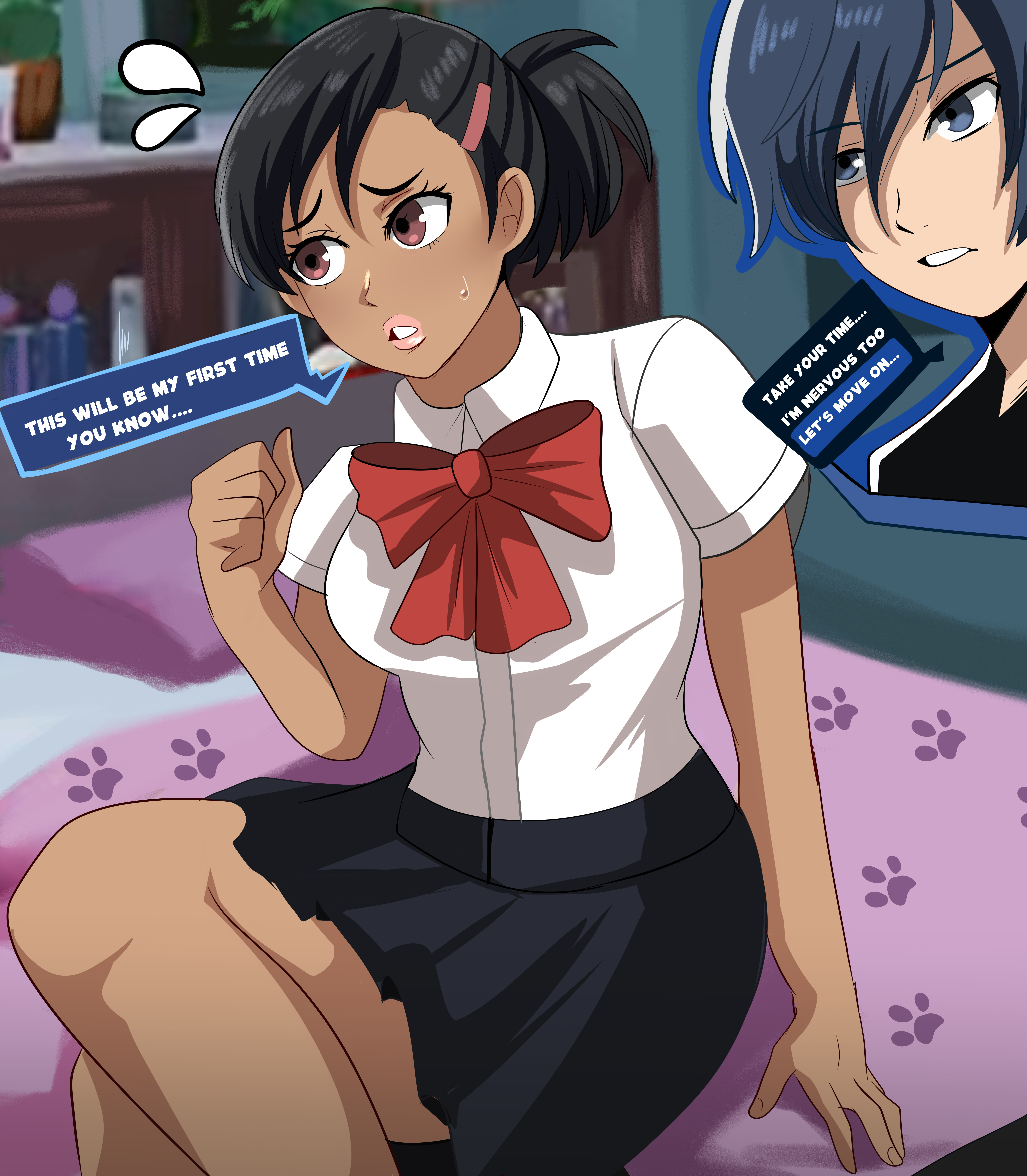 1boy, 1girls, bed, bedroom, before sex, black hair, brown eyes, comic, comic page, dark-skinned female, fully clothed, indoors, karbuitt, makoto yuki, medium breasts, page 2, persona, persona 3, persona 3 portable, persona 3 reload, sitting, yuko nishiwaki