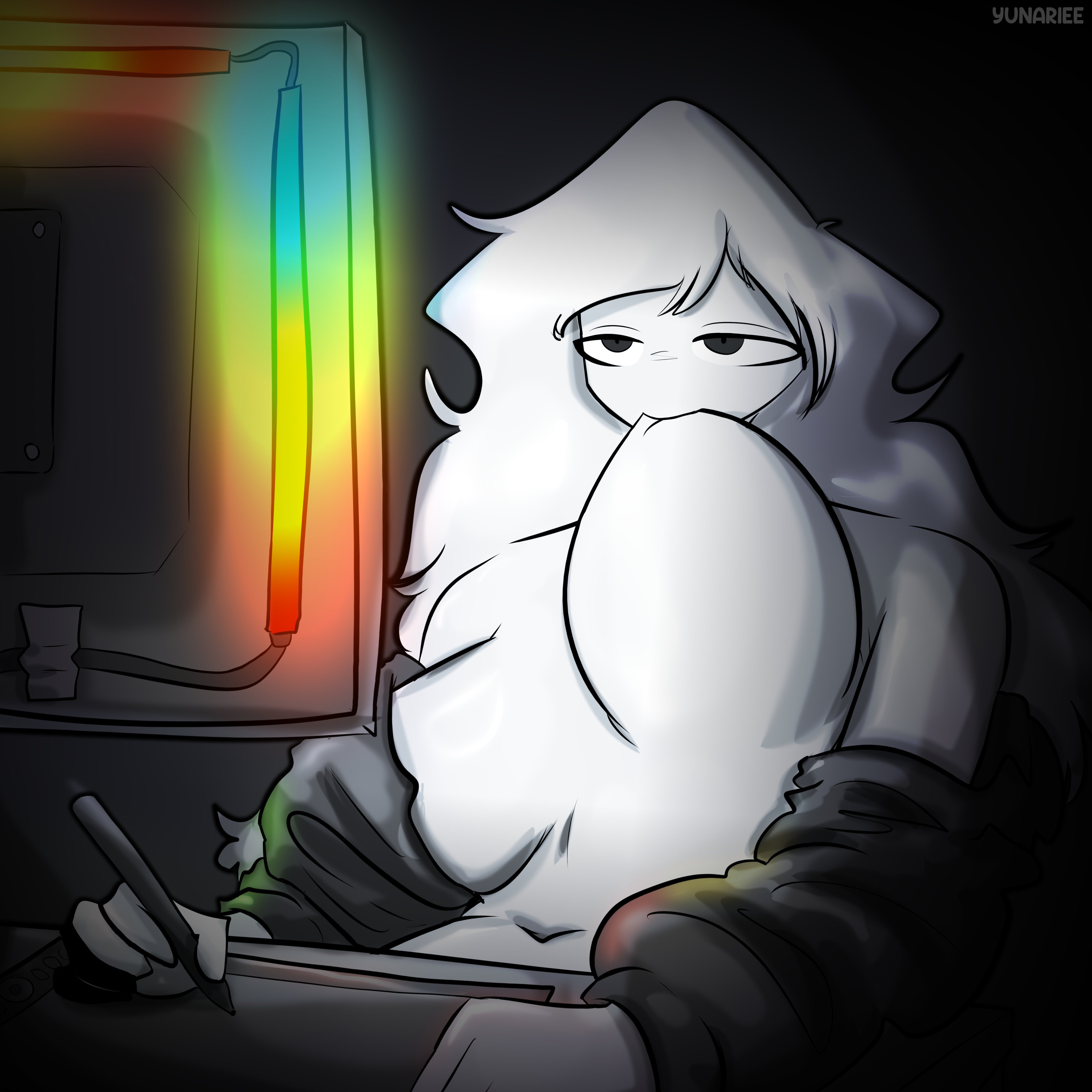 1girls, artist name, aurora (yunariee), breast pull, breasts, computer monitor, drawing, drawing tablet, huge breasts, large breasts, long hair, long sleeves, looking at screen, navel, night, open jacket, original, pen (artwork), rgb lighting, self breast sucking, sitting, sucking breasts meme, sucking own breasts, yunariee