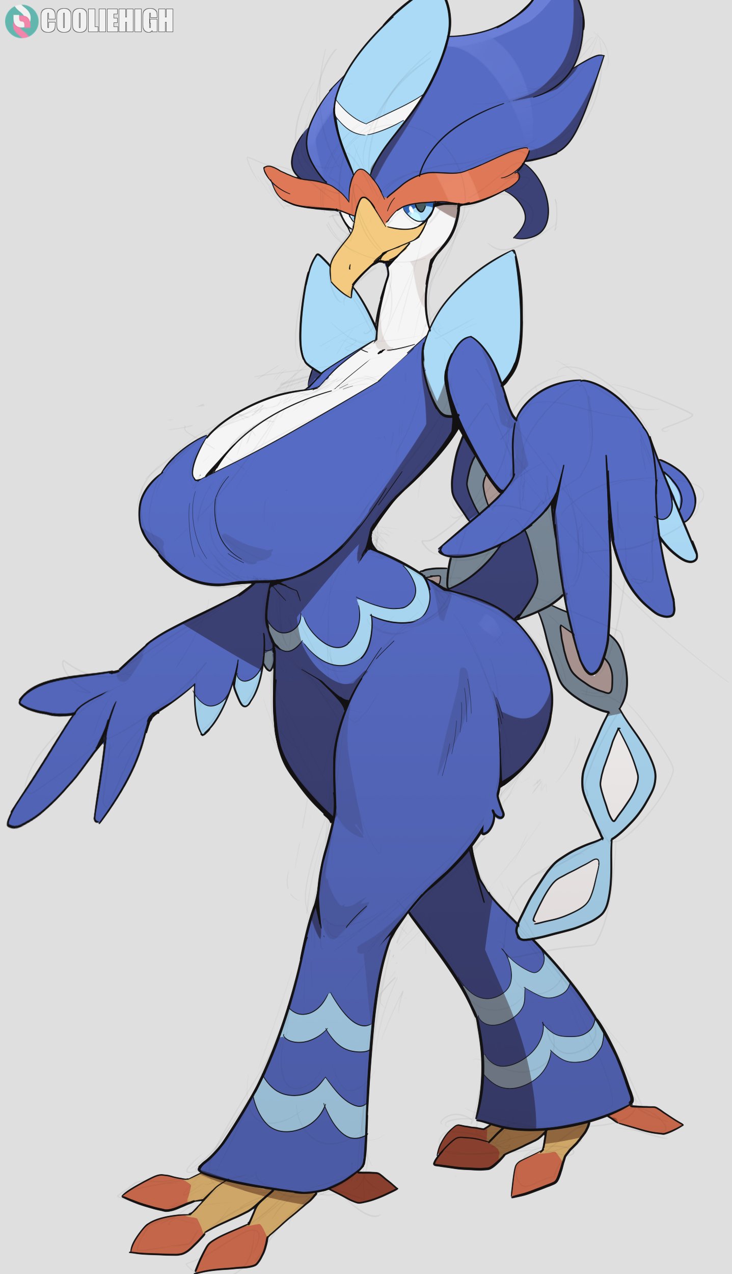 avian humanoid, beak, big breasts, big butt, blue eyes, blue feathers, cooliehigh, duck girl, featureless breasts, female only, female pokemon, fighting type, furry, looking at viewer, nintendo, pokemon, pokemon (species), pokemon scarlet & violet, quaquaval, water type, white feathers