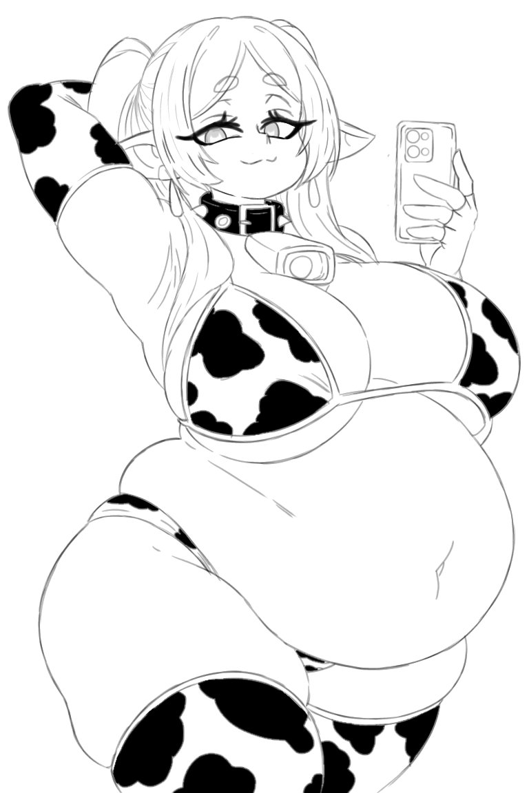 1girls, arm sleeves, bbw, belly, black and white, boobs, breasts, cellphone, chubby, collar bell, cow print, elbow gloves, elf, elf ears, eyelashes, fat, frieren, frieren beyond journey's end, milk, milk bottle, omega80473, pointed ears, pointy ears, self upload, sousou no frieren, stockings