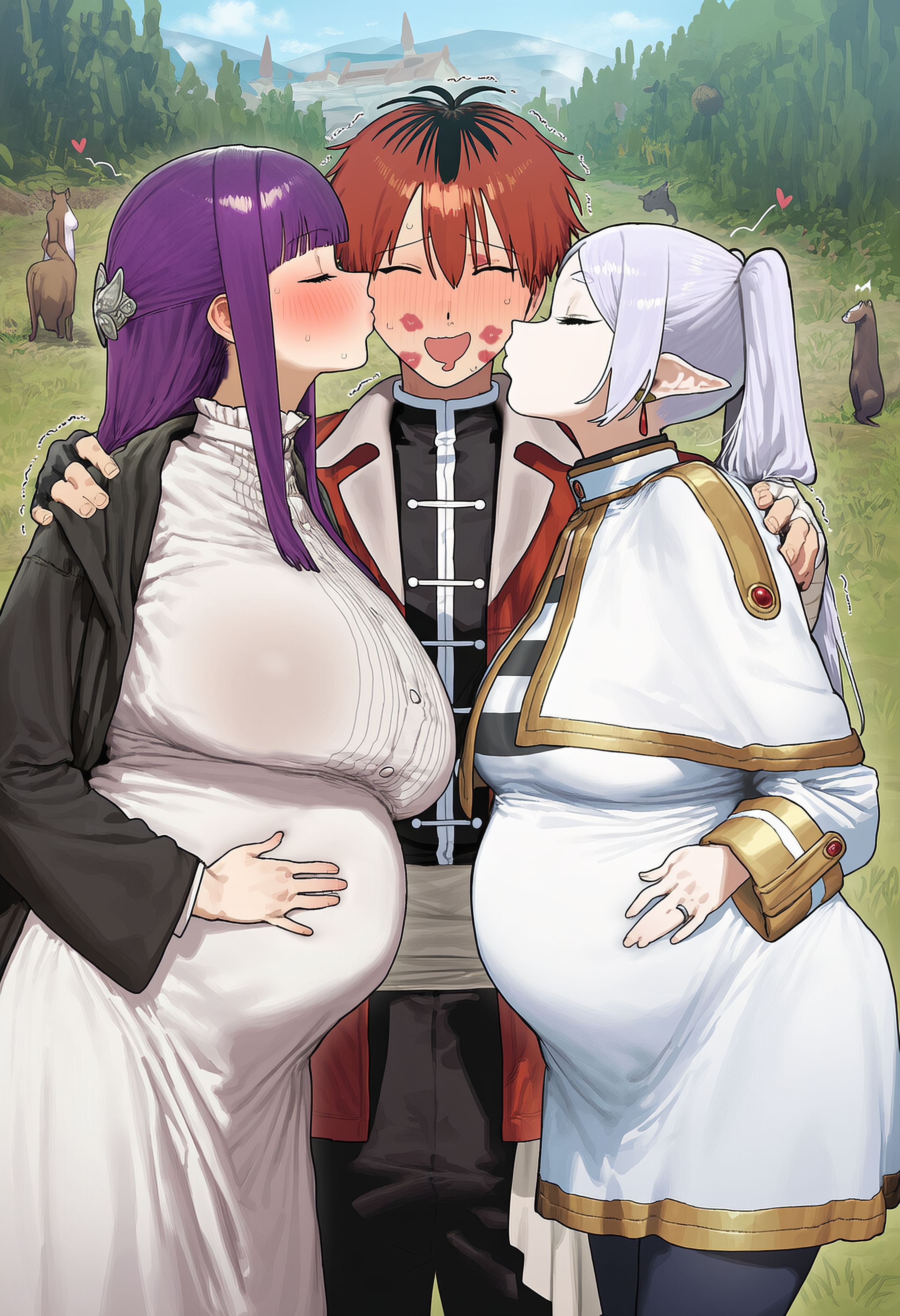 ai generated, blush, breast size difference, elf, female, fern (sousou no frieren), frieren, frieren beyond journey's end, huge breasts, large breasts, mikayori, multiple females, multiple girls, pregnant, sousou no frieren, stark (sousou no frieren)