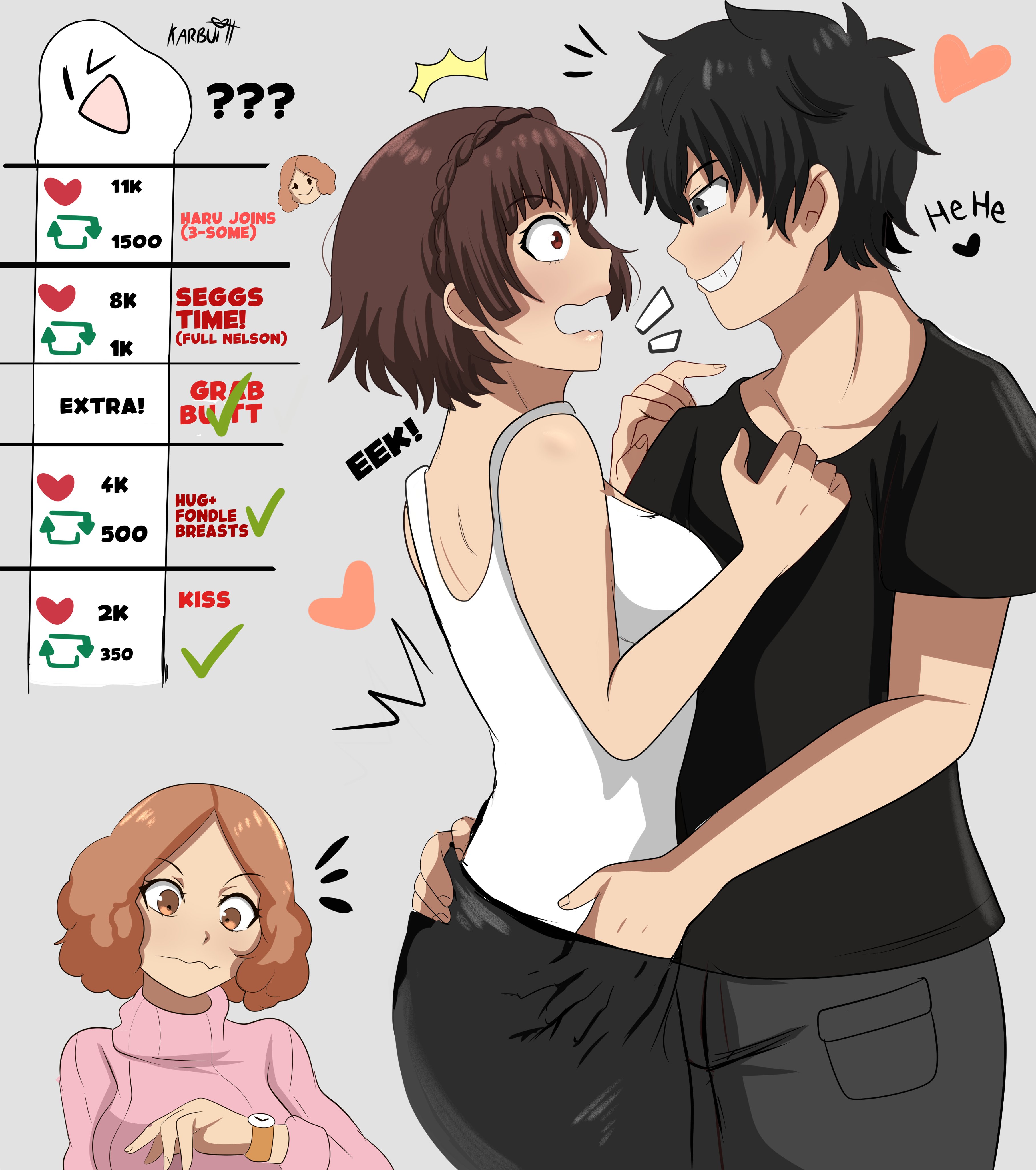 1boy, 2girls, challenge, haru okumura, karbuitt, makoto niijima, page 4, persona, persona 5, persona 5 royal, ren amamiya, strip game