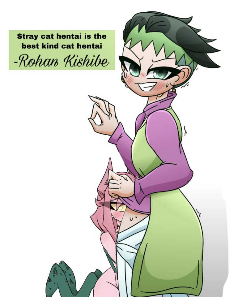 animal ears, blowjob, byternomar, cat ears, cat humanoid, deepthroat, diamond is unbreakable, edit, fellatio, female, green eyes, humanoid, jojo's bizarre adventure, legwear, naked, nekomimi, nude, nude female, on knees, pink skin, plant, plant girl, plant humanoid, plants, rohan kishibe, stray cat, tagme, text, whiskers, yellow eyes