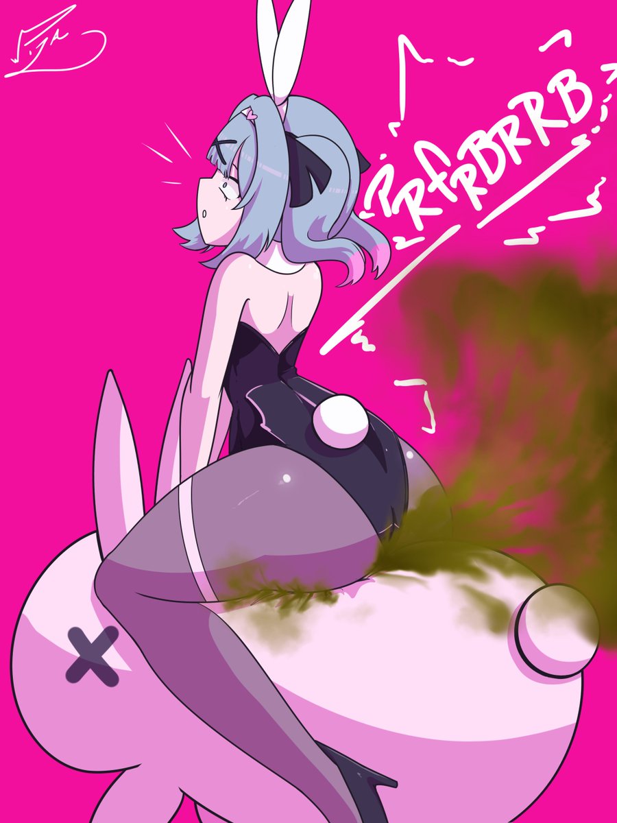 1girl, animal ears, ass, bare shoulders, black footwear, black leotard, blue hair, bunny ears, bunny girl, bunny tail, bunnysuit, closed eyes, deadly fart, detached collar, fake animal ears, fake tail, fart, fart cloud, fart fetish, farting, green fart, green fart cloud, hair ornament, hatsune miku, high heels, kemonowizard, leotard, pantyhose, pink background, playboy bunny, rabbit ears, rabbit hole (vocaloid), rabbit tail, simple background, sitting, sitting on plushie, solo, stinky fart, strapless, strapless leotard, surprised, tail, twintails, virtual youtuber