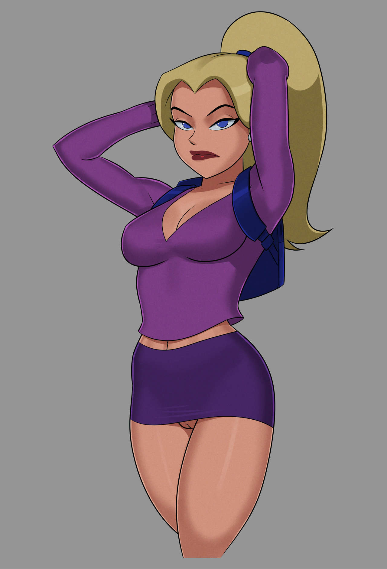 1girls, arms up, backpack, bare legs, bare midriff, big breasts, blonde hair, blue eyes, bottomless, breasts, busty, cleavage, courtney whitmore, dc, dc comics, dcau, eyelashes, female, female focus, female only, hairless pussy, hourglass figure, justice league unlimited, lipstick, long hair, miniskirt, navel, no panties, pinup, ponytail, pose, posing, pussy, skirt, solo, standing, stargirl, sunset, sunsetriders7, superheroine, tied hair, upskirt, vagina, wide hips
