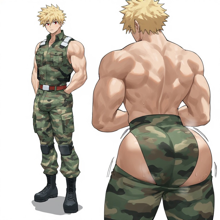 1boy, bakugou katsuki, big pecs, blonde hair, fat ass, flustered male, katsuki bakugou, male, male only, military uniform, no, red eyes, tease, twerking, uniform