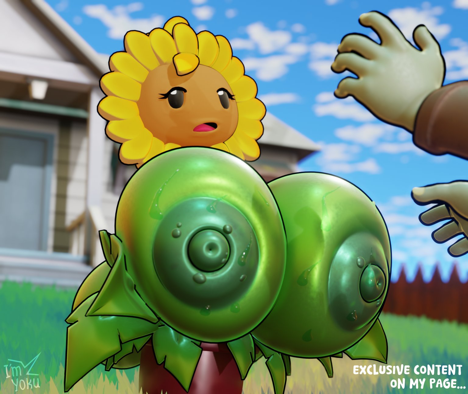 1girls, 3d, 3d (artwork), anthro, anthrofied, ass, ass focus, big breasts, breasts, female, flora fauna, plant, plant girl, plant humanoid, plantie, plants vs zombies, plants vs. zombies, popcap games, sunflower (pvz), sweat, sweatdrop, sweating, sweaty body, sweaty breasts, yoku (artist), zombie (pvz)