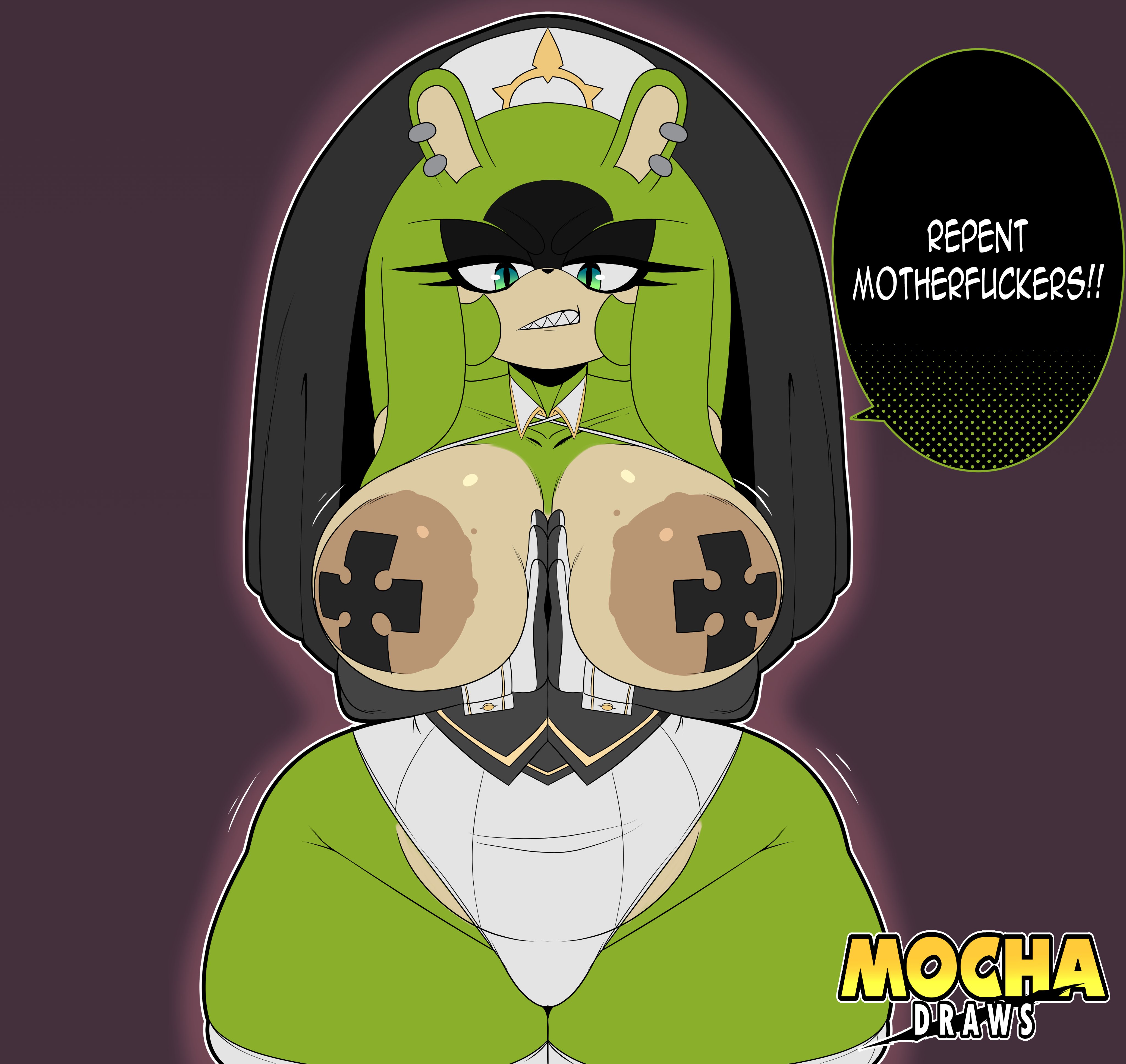 1girls, anthro, anthro only, areola, ass, big areola, big ass, big breasts, big nipples, big thighs, breasts, cross samax, dialogue, female, gigantic ass, gigantic breasts, gigantic thighs, green body, green eyes, green skin, huge areola, huge ass, huge breasts, huge thighs, legwear, leotard, looking at viewer, nipples, nun, nun habit, nun hat, nun outfit, nun's habit, pierced ears, piercing, sega, sharp teeth, sonic (series), sonic the hedgehog (series), surge the tenrec, text, thick thighs, thighs