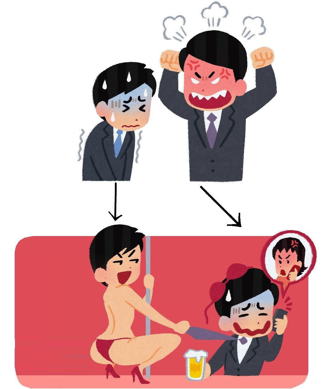 2boys, 2d, anger vein, angry, angry expression, arrow, ass, atomiksaico, back view, beer, beer mug, before and after, black hair, blobslimey, blue tie, bra, bra on head, braless, business suit, closed eyes, edit, edited, embarrassed, gay, glass, grabbing tie, heels, high heels, instant loss 2koma, irasutoya, irasutoya boss meme, looking at another, open mouth, panties, phone, phone call, pole, pole dancing, purple tie, red background, red bra, red heels, red high heels, red panties, red underwear, shake lines, shaking, short hair, simple background, smile, sweat, sweatdrop, third-party edit, tie, twitter trend, white background, worried, worried expression