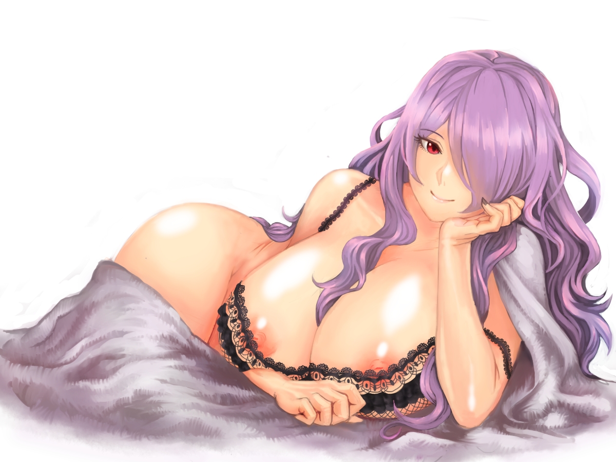 bed, bedroom, big breasts, blanket, bra, breasts, camilla (fire emblem), female, fire emblem, fire emblem fates, large breasts, laying on bed, lingerie, long hair, nintendo, nipples, no panties, no visible genitalia, nude, partially clothed, pocari66, purple hair, red eyes, seductive, smile, smiling, solo