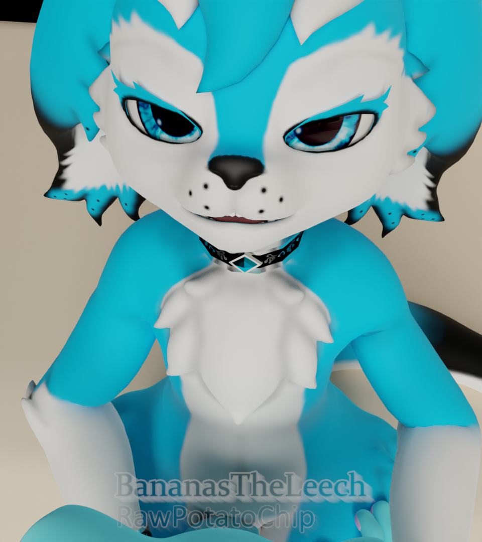 3d anthro bananastheleech bedroom_eyes blue_body blue_fur chip(rawpotatochip) collar duo felid felin female fur hobkin kraft_trio male mammal narrowed_eyes oral seductive split_color straight