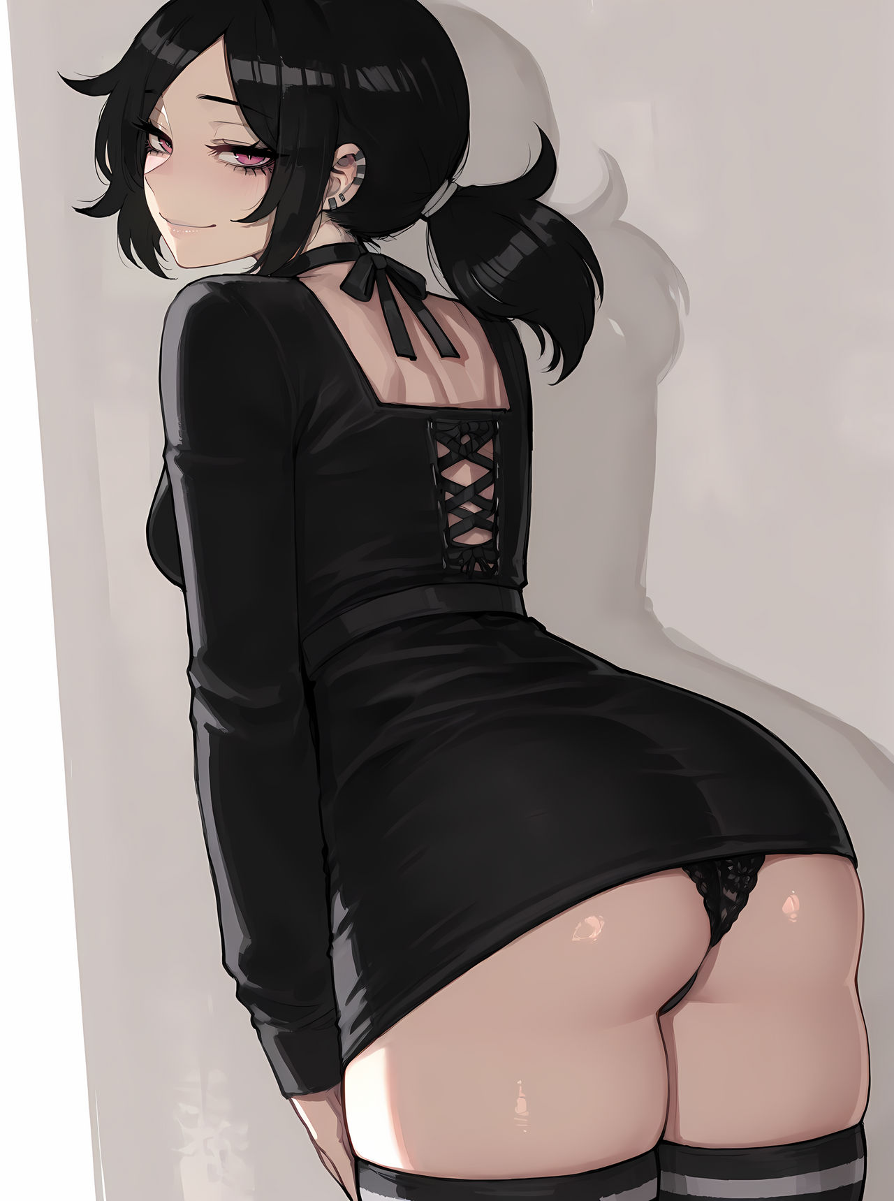 ai generated, ashley graves, ass, ass focus, ass up, back, big ass, black hair, goth, goth girl, gothic, gothic girl, imminent anal, imminent penetration, imminent sex, looking at viewer, panties, perfect ass, pink eyes, pussy, seducing, seduction, seductive, seductive body, seductive eyes, seductive gaze, seductive look, seductive mouth, seductive pose, seductive smile, showing ass, smile, smiling, smiling at viewer, socks, the coffin of andy and leyley, vagina