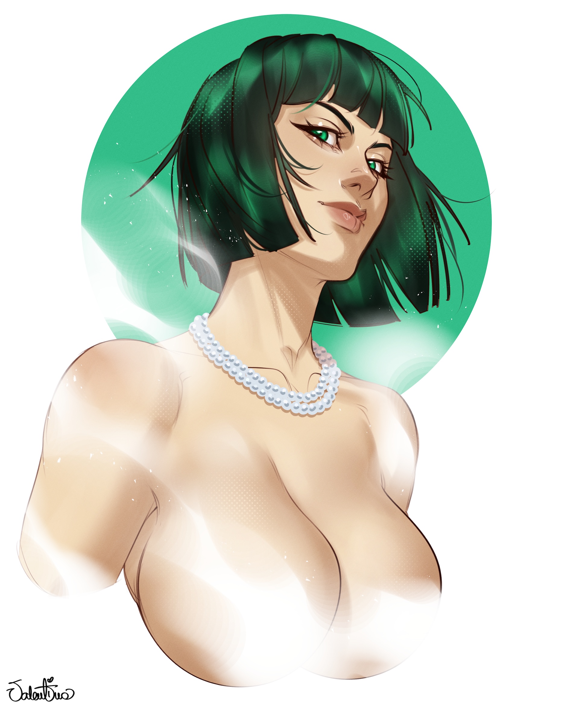 1girls, 2026, 2d, 2d (artwork), artist signature, background pattern, bob cut, busty, cleavage, collar, collarbone, covered nipples, dark eyebrows, dark hair, eyebrows, female, female only, fubuki (one-punch man), green background, green eyes, green hair, huge breasts, jewelry, jewelry only, large breasts, light skin, lips, looking at viewer, naked, necklace, nude, nude female, one-punch man, pearl necklace, questionable, short hair, shoulders, smirk, solo, solo female, upper body, valentinainat1, white background
