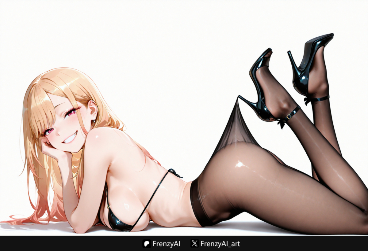 ai generated, ass, bangs, bare shoulders, bikini, black bikini, black footwear, black pantyhose, blonde hair, blush, breasts, clothes pull, ear piercing, earrings, feet up, female, from side, full body, gradient hair, grin, head rest, high heels, hooked on heel, jewelry, kitagawa marin, lace pantyhose hooked on heel (meme), large breasts, legs, legs up, long hair, looking at viewer, lying, meme, multicolored hair, on stomach, panties under pantyhose, pantyhose, piercing, red eyes, shiny, sideboob, simple background, smile, solo, sono bisque doll wa koi wo suru, swimsuit, the pose, thighband pantyhose, underwear, white background