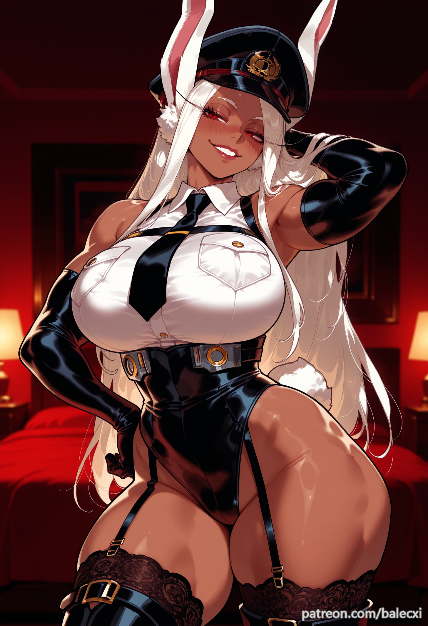 ai generated, animal ears, arm up, armpits, balecxi, black gloves, black headwear, black leotard, black necktie, black thighhighs, collared shirt, dark-skinned female, elbow gloves, female, garter straps, hand on own hip, hat, highleg, highleg leotard, large breasts, lips, long eyelashes, long hair, looking at viewer, mirko, my hero academia, parted bangs, patreon username, peaked cap, pocket, rabbit ears, rabbit girl, rabbit tail, red eyes, smile, solo, thick thighs, uniform, white hair