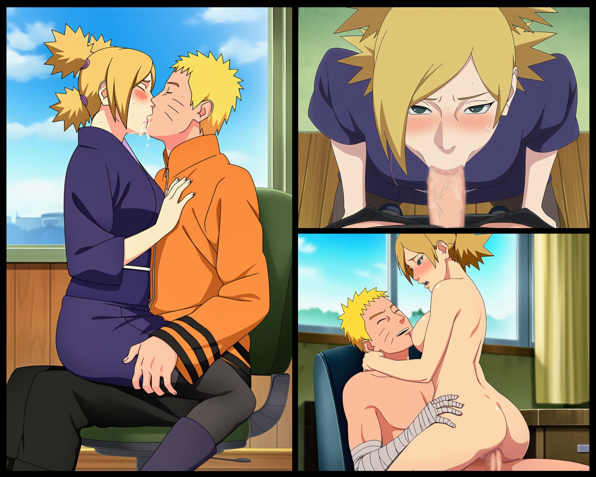 1boy, 1girls, ai generated, assertive, assertive female, barefoot, big penis, blonde hair, blowjob, blue eyes, blunt bangs, blush, boruto: naruto next generations, breasts, chair, cheating, cheating husband, clothed sex, completely nude, cowgirl position, eye contact, feet, female, hair over one eye, high resolution, hokage, indoors, jacket, kissing, long hair, looking at another, looking at partner, lovers, male, married female, married male, milf, naruto (series), nude, nude female, office, office chair, partially clothed, partially clothed male, penis, ponytail, pussy, quad tails, romantic, romantic couple, sex, short hair, straddling, sucking, sucking penis, teal eyes, temari, tied hair, touching face, uncensored, uzumaki naruto, vaginal penetration
