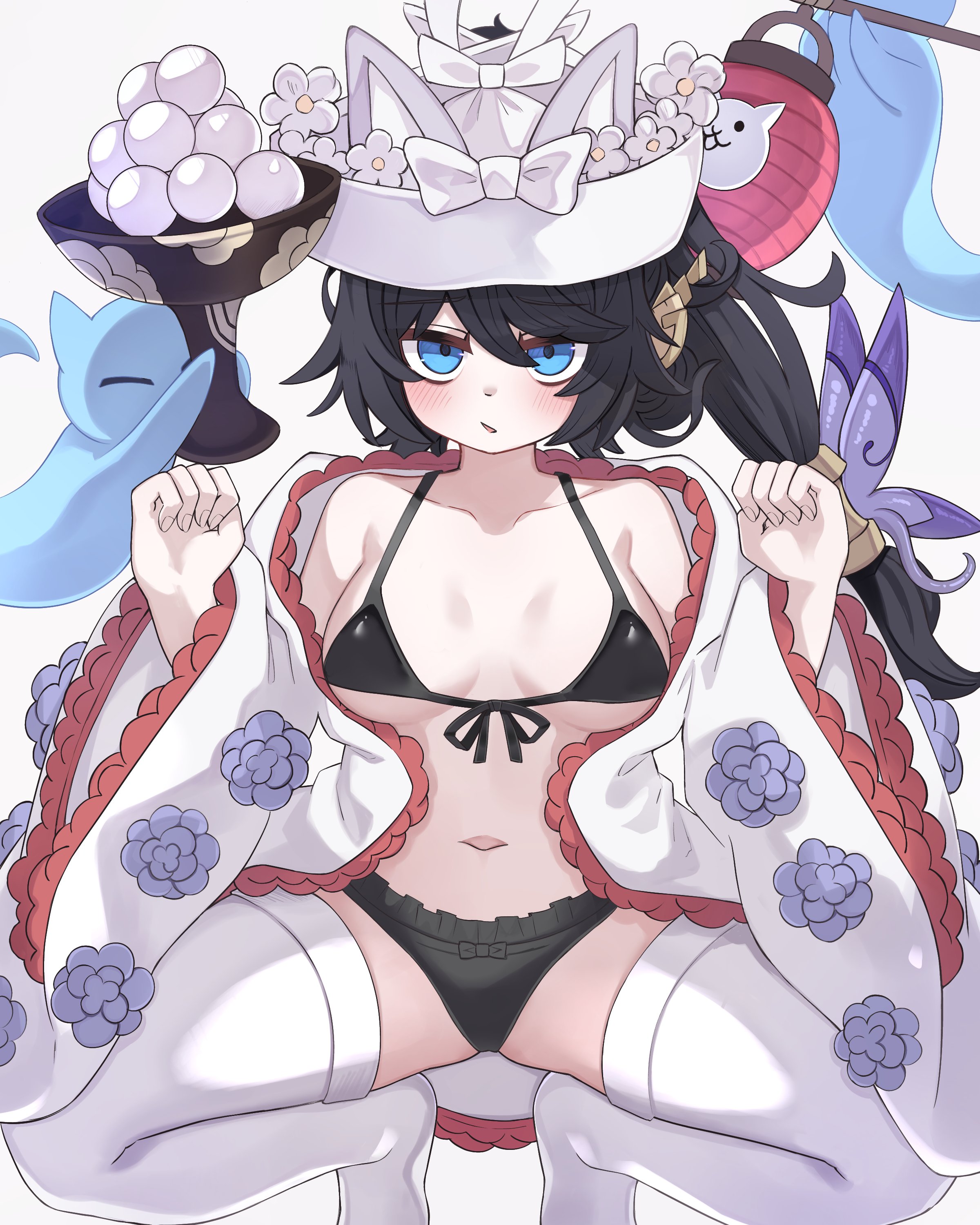 bikini, blush, chestnut mouth, large breasts, legs apart, lingerie, looking at viewer, mitama (battle cats), nyanko daisensou, nyanko prin, paw pose, squatting, straight-on, the battle cats, thighs, white thighhighs