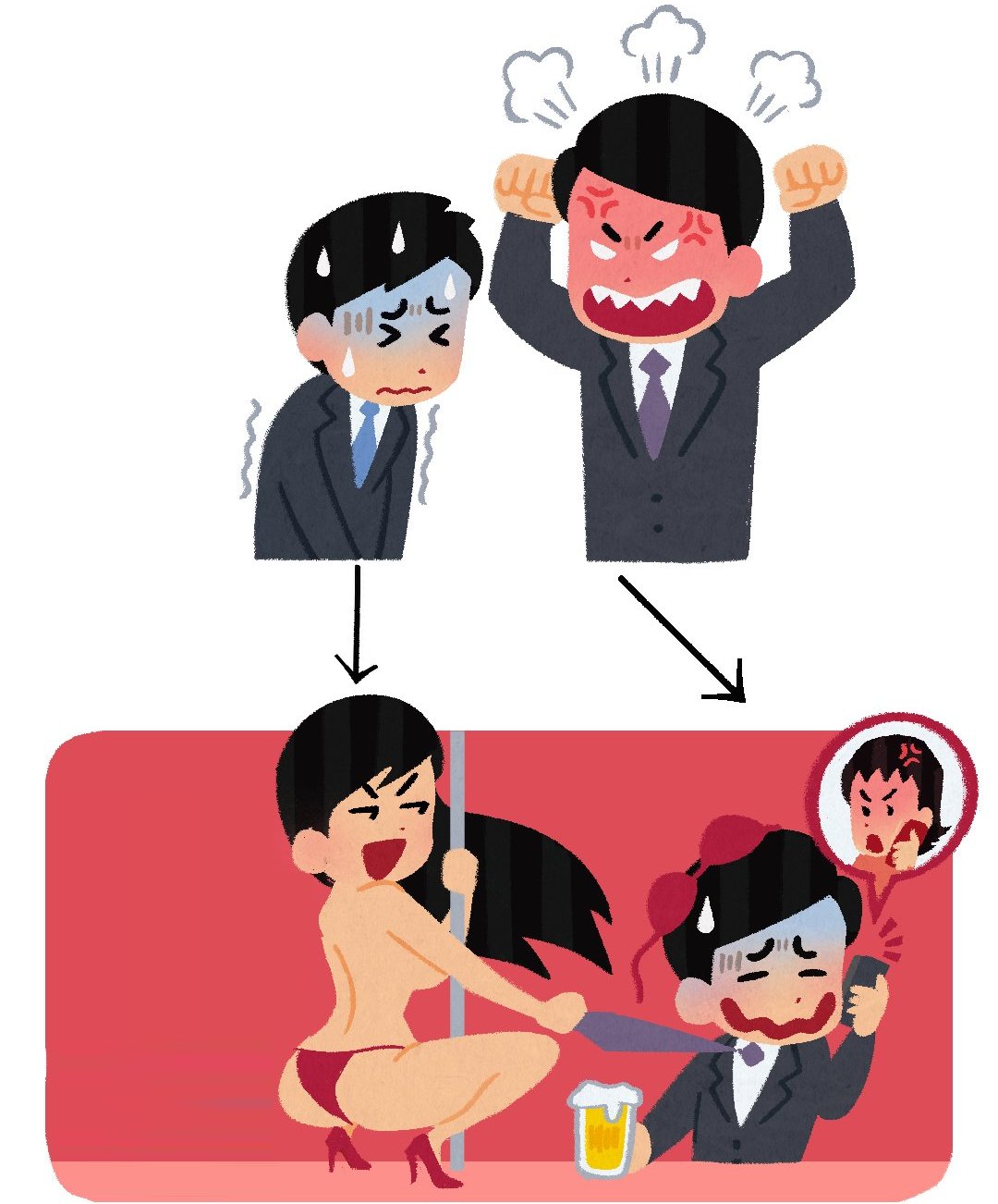 2boys, 2d, anger vein, angry, angry expression, arrow, ass, atomiksaico, back view, beer, beer mug, before and after, black hair, blue tie, bra, bra on head, braless, breasts, business suit, closed eyes, doodlewill, edit, edited, embarrassed, glass, grabbing tie, heels, high heels, instant loss 2koma, irasutoya, irasutoya boss meme, long hair, looking at another, open mouth, panties, phone, phone call, pole, pole dancing, purple tie, red background, red bra, red heels, red high heels, red panties, red underwear, shake lines, shaking, short hair, sideboob, simple background, smile, sweat, sweatdrop, third-party edit, tie, twitter trend, white background, worried, worried expression