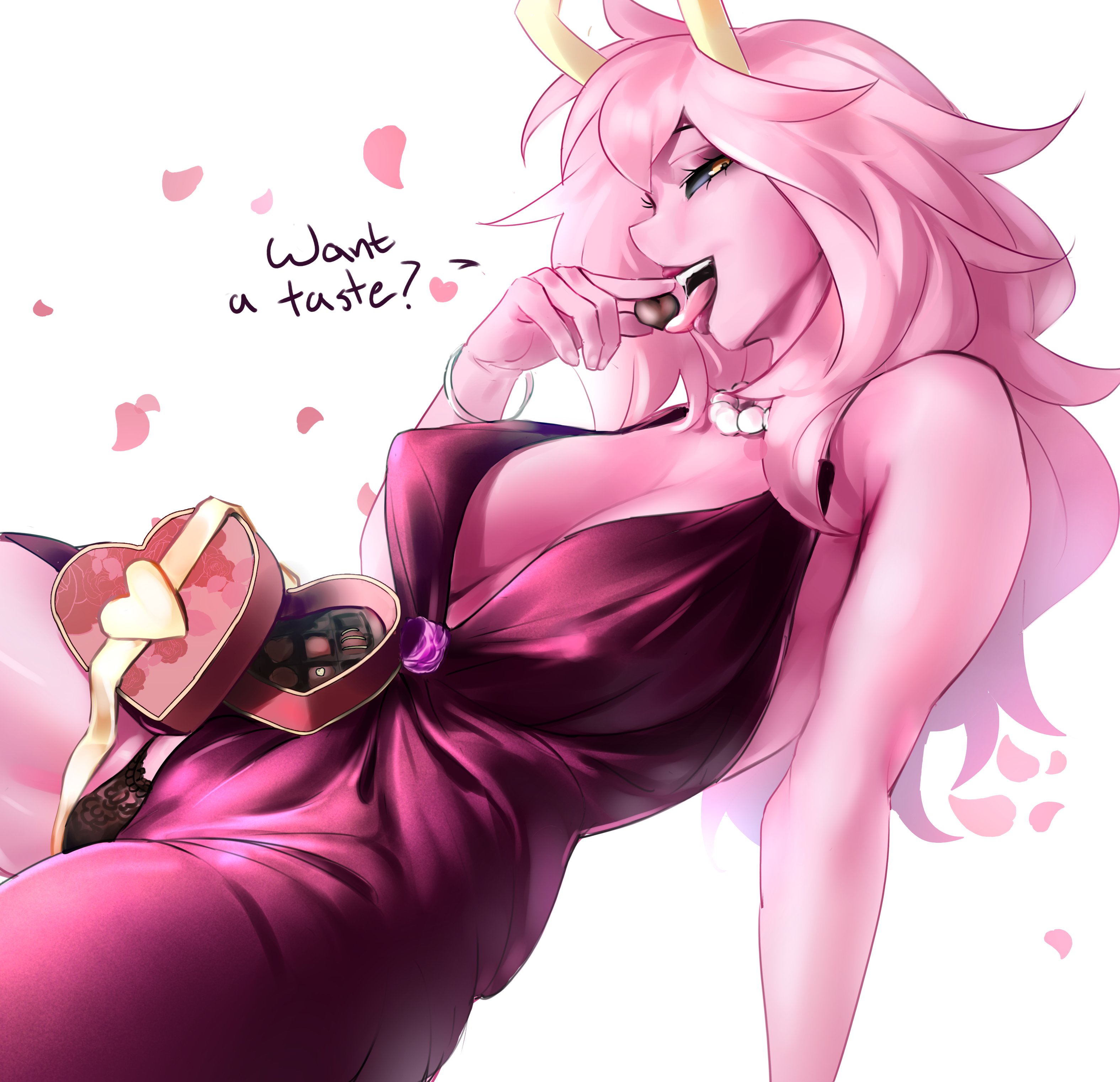 1girls, adult mina, black lace, black sclera, boku no hero academia, boku no hero academia (finale), breasts, chocolate, cleavage, cleavage dress, deep cleavage, dress, erect nipples, erect nipples under clothes, exposed panties, female, fit, fit female, holic fz, inner sideboob, lace, lace panties, large breasts, legs spread, licking, licking candy, lipstick, looking at viewer, mina ashido, mina ashido time-skip, my hero academia, my hero academia (finale), nipples, nipples visible through clothing, open dress, panties, post-timeskip, red dress, saliva, seductive, seductive look, seductive pose, sensual, suggestive gesture, suggestive look, tease, teasing, teasing viewer, thick thighs, thighs, toned, toned female, tongue, valentine's day, yellow eyes, yellow horns