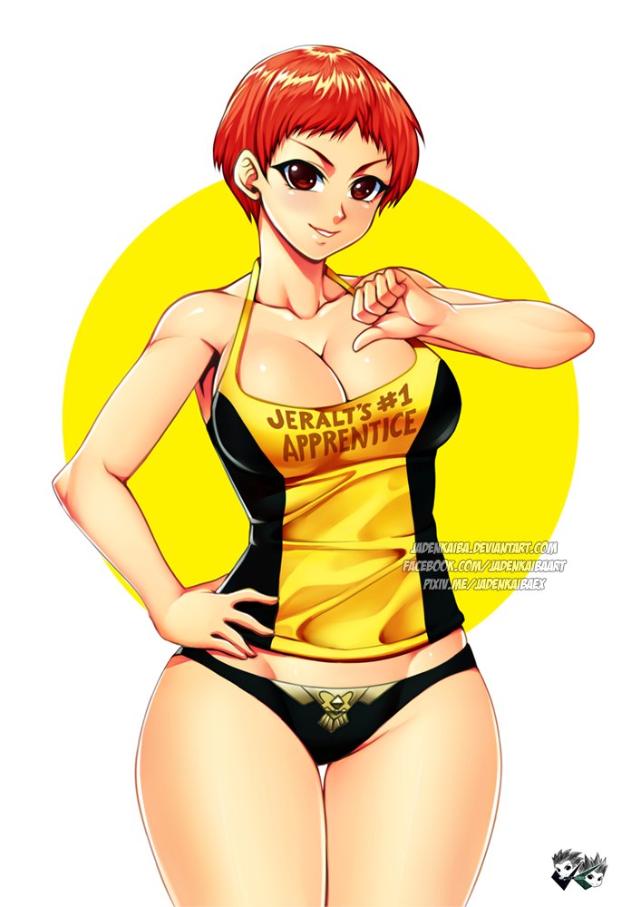 1girls, bare legs, breasts, clothed female, female, female only, fire emblem, fire emblem: three houses, jadenkaiba, large breasts, leonie pinelli, narrow shoulders, nintendo, no pants, orange hair, short hair, smile, solo, tank top, thick thighs, thin arms, tomboy, very short hair