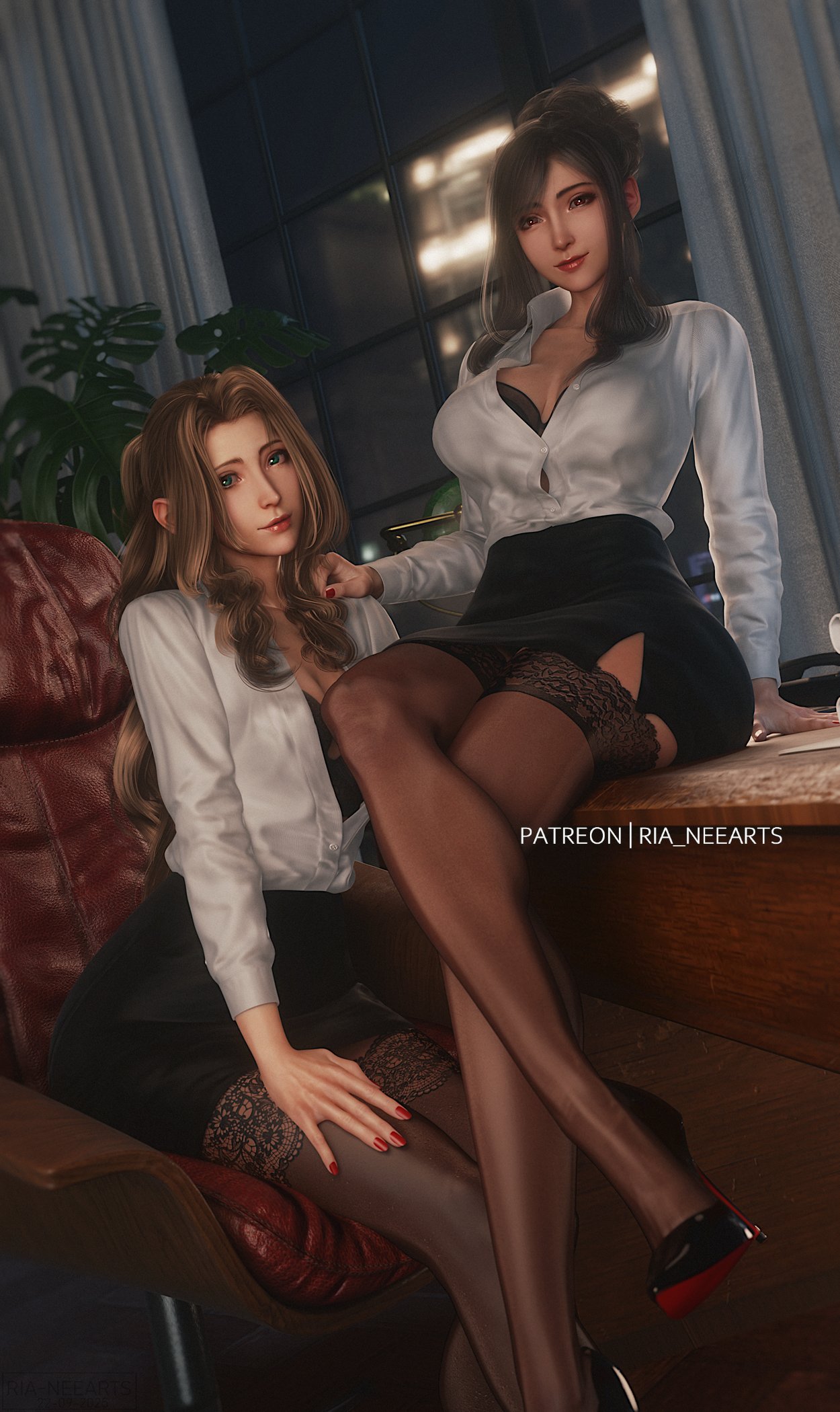 2girls, 3d, 3d (artwork), 3d model, 3d render, aerith gainsborough, black hair, black underwear, blouse, bra, bra visible, brown hair, business attire, business woman, businesswear, button down shirt, cleavage, desk, final fantasy, final fantasy vii, final fantasy vii rebirth, final fantasy vii remake, green eyes, hair tied, hand on leg, hand on shoulder, high heels, highres, lipstick, long hair, looking at viewer, mature female, night, night sky, office, office clothing, office desk, office lady, painted nails, patreon username, pencil skirt, posing, posing for the viewer, red eyes, ria-neearts, sitting on chair, sitting on desk, skirt, stockings, thighhighs, tied hair, tifa lockhart, tight clothing, visible bra, white blouse