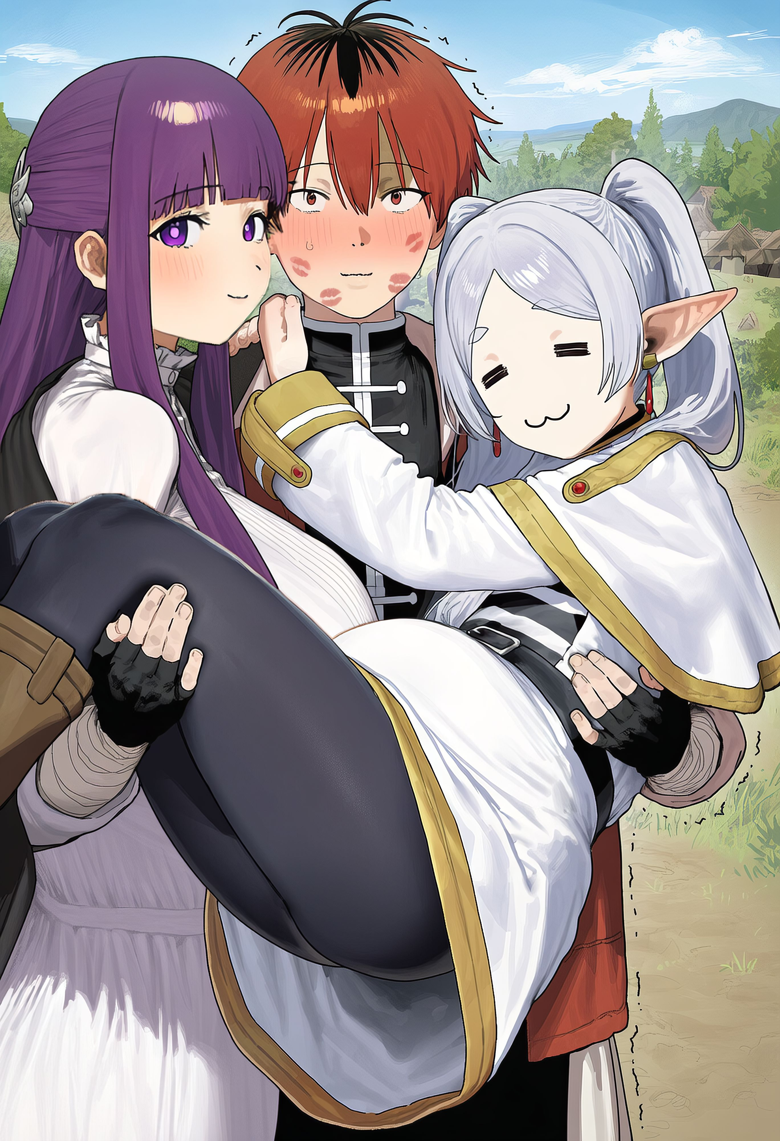 ai generated, carrying, carrying partner, elf, female, fern (sousou no frieren), frieren, frieren beyond journey's end, image set, mikayouri, pregnant, sousou no frieren, stark (sousou no frieren)