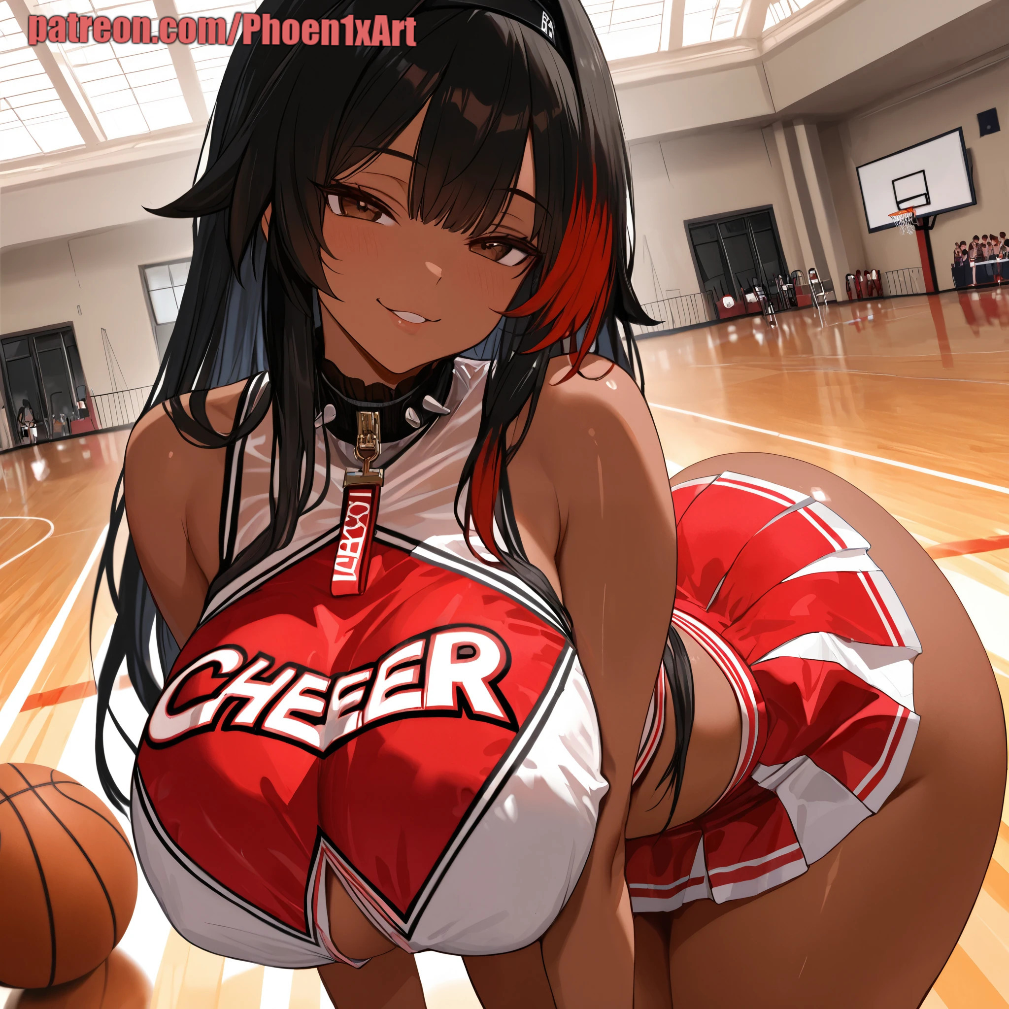 ai generated, bay (nikke), bent over, big ass, big breasts, big hips, big thighs, blush, brown eyes, brown skin, brown skinned female, cheerleader, cheerleader uniform, crop top, dark skin, dark-skinned female, front view, goddess of victory: nikke, huge ass, huge breasts, huge hips, huge thighs, indoors, looking at viewer, microskirt, miniskirt, naughty face, oiled, oiled skin, posing, presenting, seductive, seductive look, standing, sweat, sweaty body, wet skin