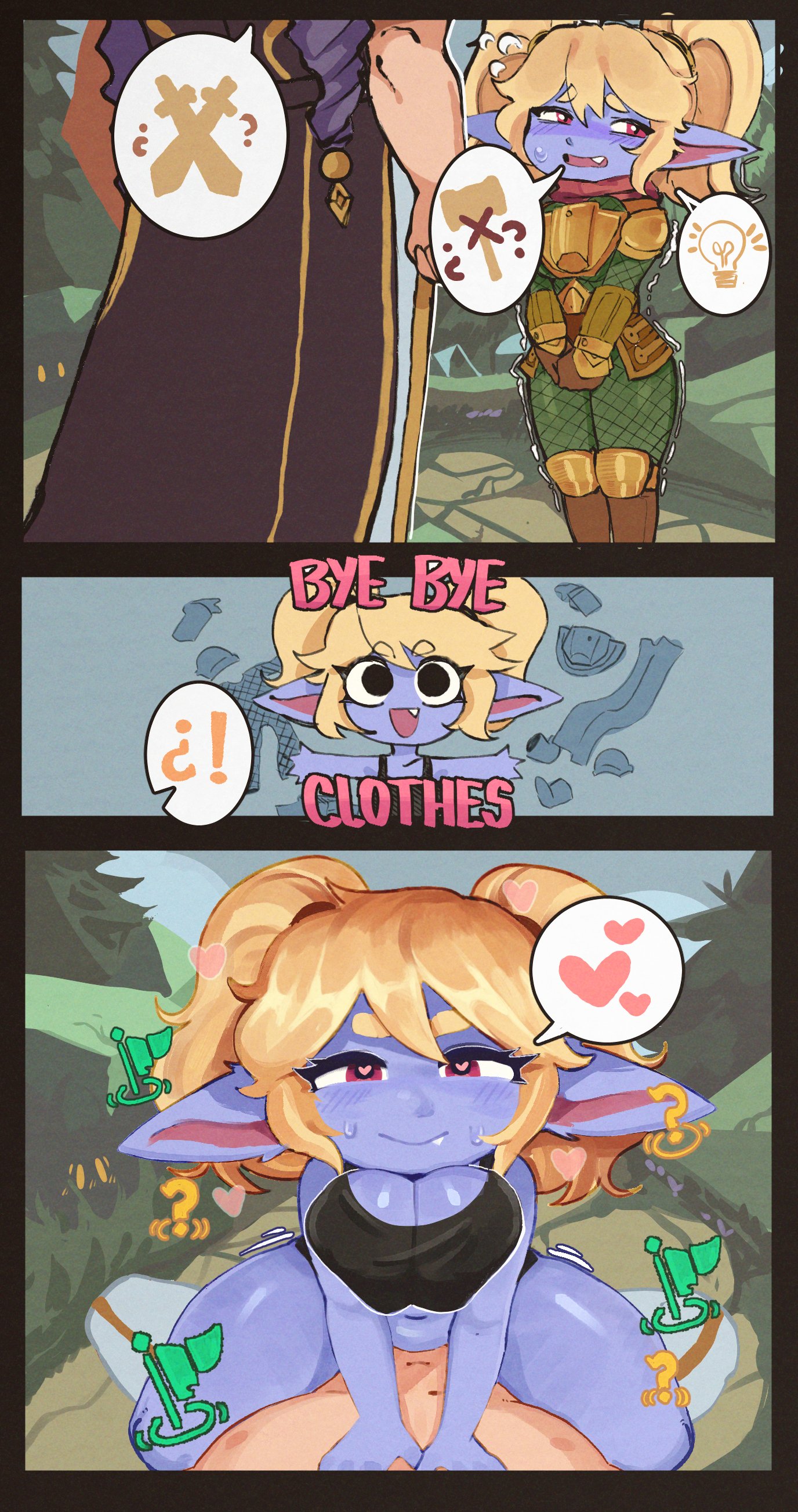 1boy, 1girls, bedroom eyes, blonde hair, blue skin, blush, cleptorar2, comic, female, heart-shaped pupils, imminent sex, large breasts, league of legends, male, male pov, pointy ears, poppy, pov, riot games, shortstack, spoken heart, straddling, twintails, yordle