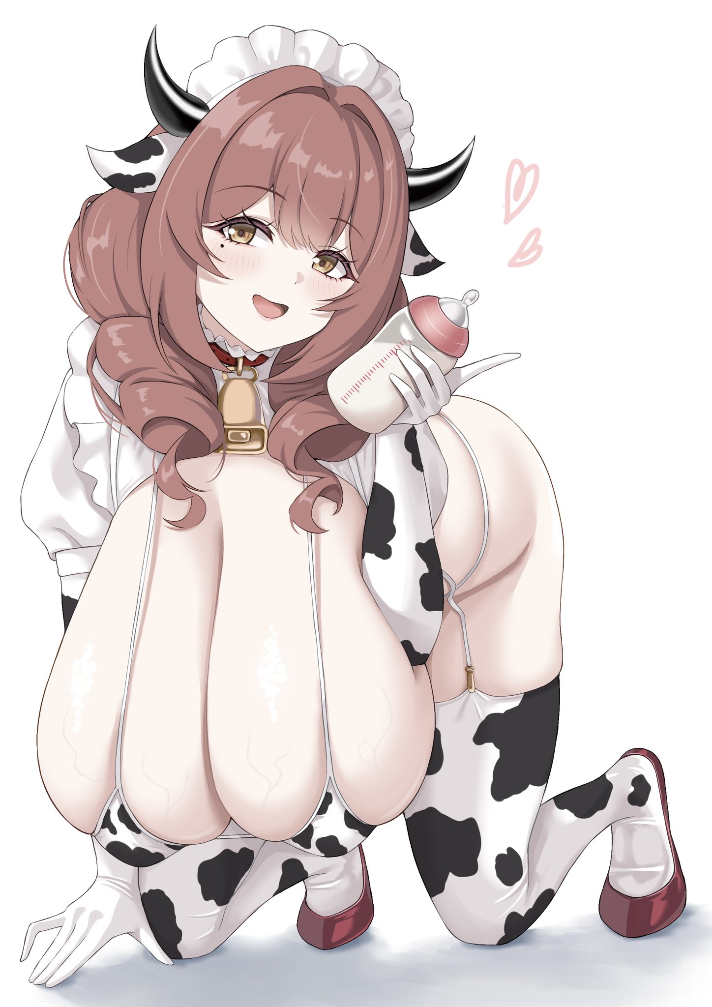 1girls, all fours, alternate version available, armwear, azur lane, baby bottle, bent over, big breasts, bikini top, blush, bottle, breast focus, breasts, brown hair, cleavage, collar, comotaro, cow ears, cow horns, cow print, cow print armwear, cow print bikini, cow print gloves, cow print legwear, cow print thighhighs, cowbell, cowpens (azur lane), cowpens (milky ministrations) (azur lane), eagle union (azur lane), elbow gloves, fake animal ears, female, female only, footwear, garter straps, gloves, hair, hanging breasts, heart, heels, holding object, horns, huge breasts, large breasts, light skin, light-skinned female, mole, mole under eye, neckwear, solo, thick thighs, thighhighs, thighs, veiny breasts, white background, yellow eyes