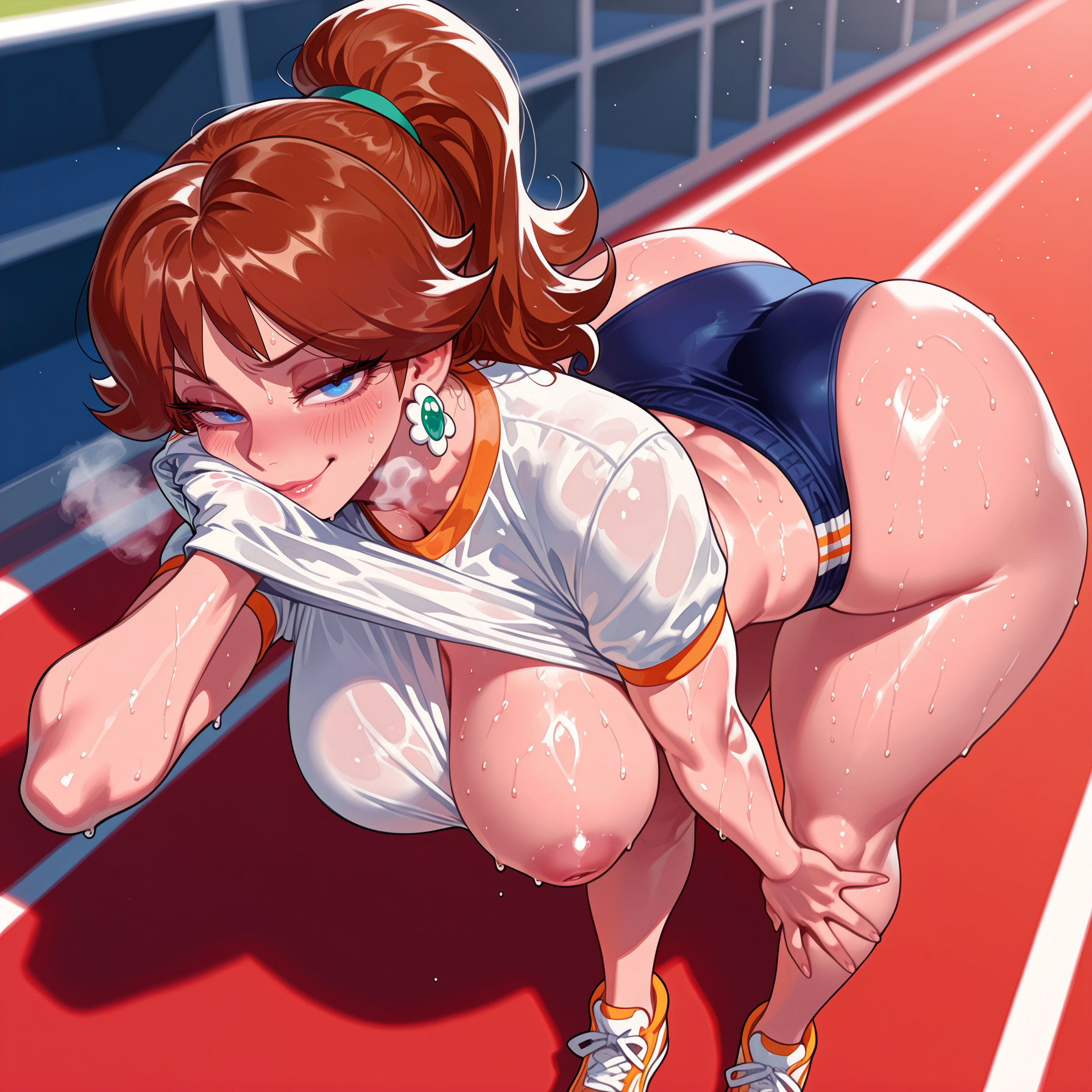 1girls, ai generated, alternate costume, alternate hairstyle, ass, ass focus, balecxi, bangs, bent over, blue buruma, blue eyes, blush, breasts, breath, brown hair, buruma, clothes lift, clothing, curvaceous, curvaceous female, curvaceous figure, curvy, curvy figure, dripping, earrings, exhibitionism, female, female focus, female only, flashing, flower earrings, footwear, gloves, gym shirt, gym uniform, hand on own knee, hanging breasts, heavy breathing, huge ass, inverted nipples, inviting, inviting to sex, jewelry, large areolae, large breasts, leaning forward, lifted by self, lips, long hair, looking at viewer, naughty face, nipples, no bra, one breast out, orange footwear, outdoors, outside, pink lips, ponytail, presenting, presenting ass, presenting breasts, presenting hindquarters, presenting self, princess daisy, puffy nipples, seductive, seductive look, seductive smile, see-through, see-through shirt, shiny skin, shirt, shirt lift, shoes, short sleeves, shorts, smile, sneakers, solo, sphere earrings, sportswear, standing, steaming body, sweat, thick thighs, thighs, track and field, very sweaty, voluptuous, voluptuous female, wet, wet clothes, wet shirt, white gloves, white shirt, wide hips, wiping face, wiping sweat