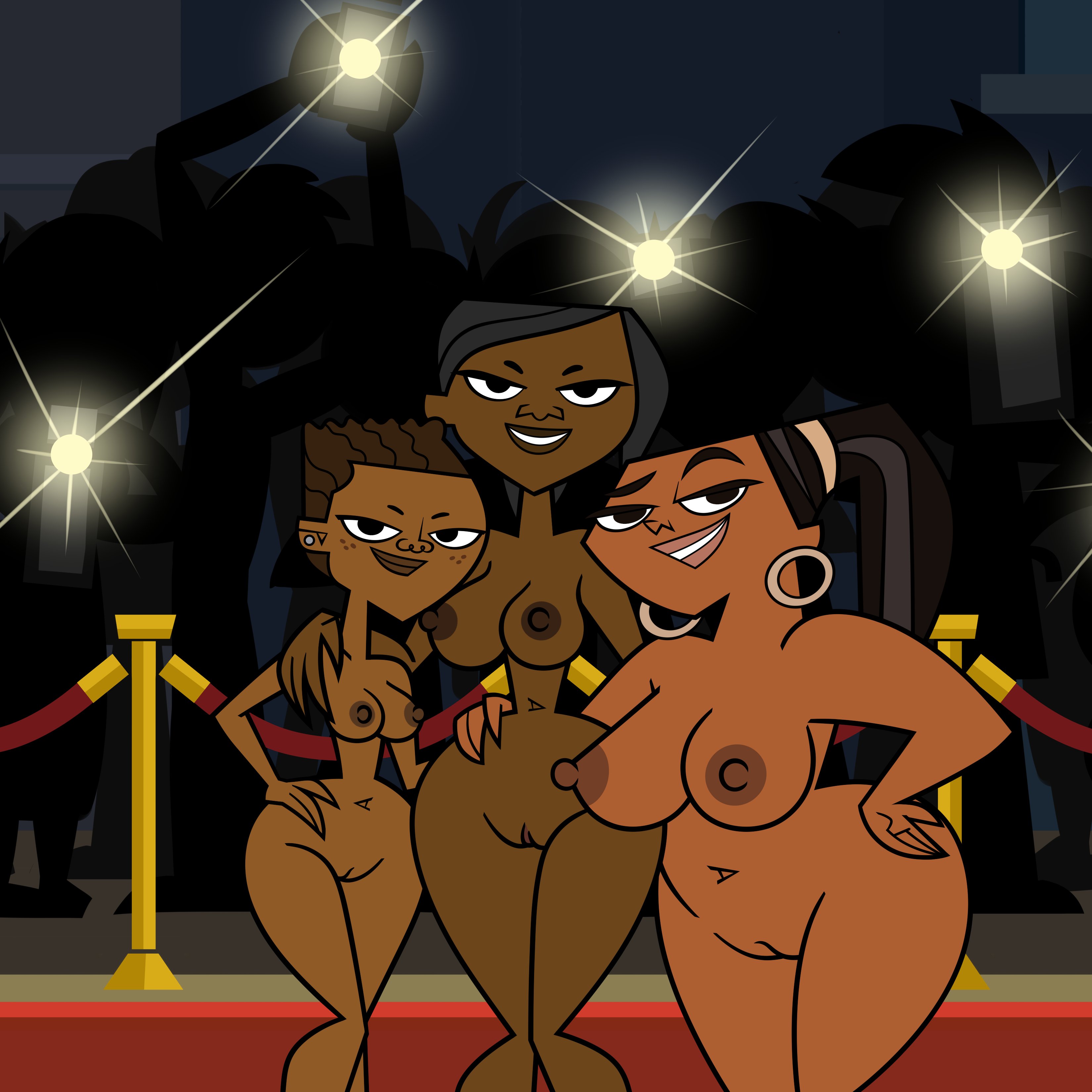 2d, 3girls, black hair, busty, dark skin, dark-skinned female, dzk, female, female focus, female only, hourglass figure, jasmine (tdi), leshawna (tdi), public, public exposure, public nudity, red carpet, sanders (tdi), shaved pussy, the ridonculous race, total drama island, total drama: pahkitew island, wide hips