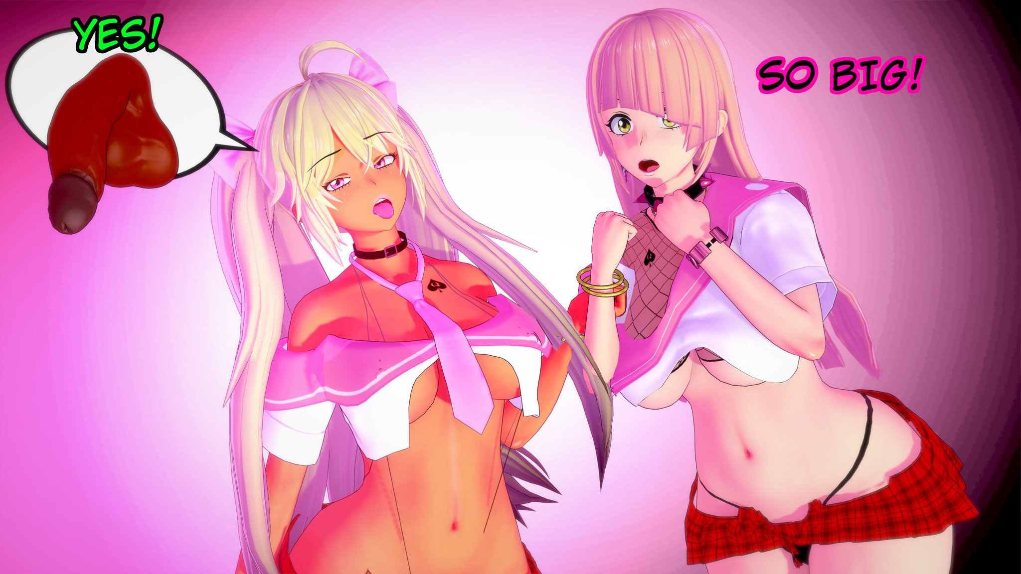 2girls, 3d, big breasts, big penis, breasts, choker, cold (numbersguy), dark skin, dark-skinned female, dark-skinned male, female, koikatsu, male, numbersguy, original, penis, qos, qos tattoo, queen of spades, short skirt, tongue, tongue out, warm (numbersguy)
