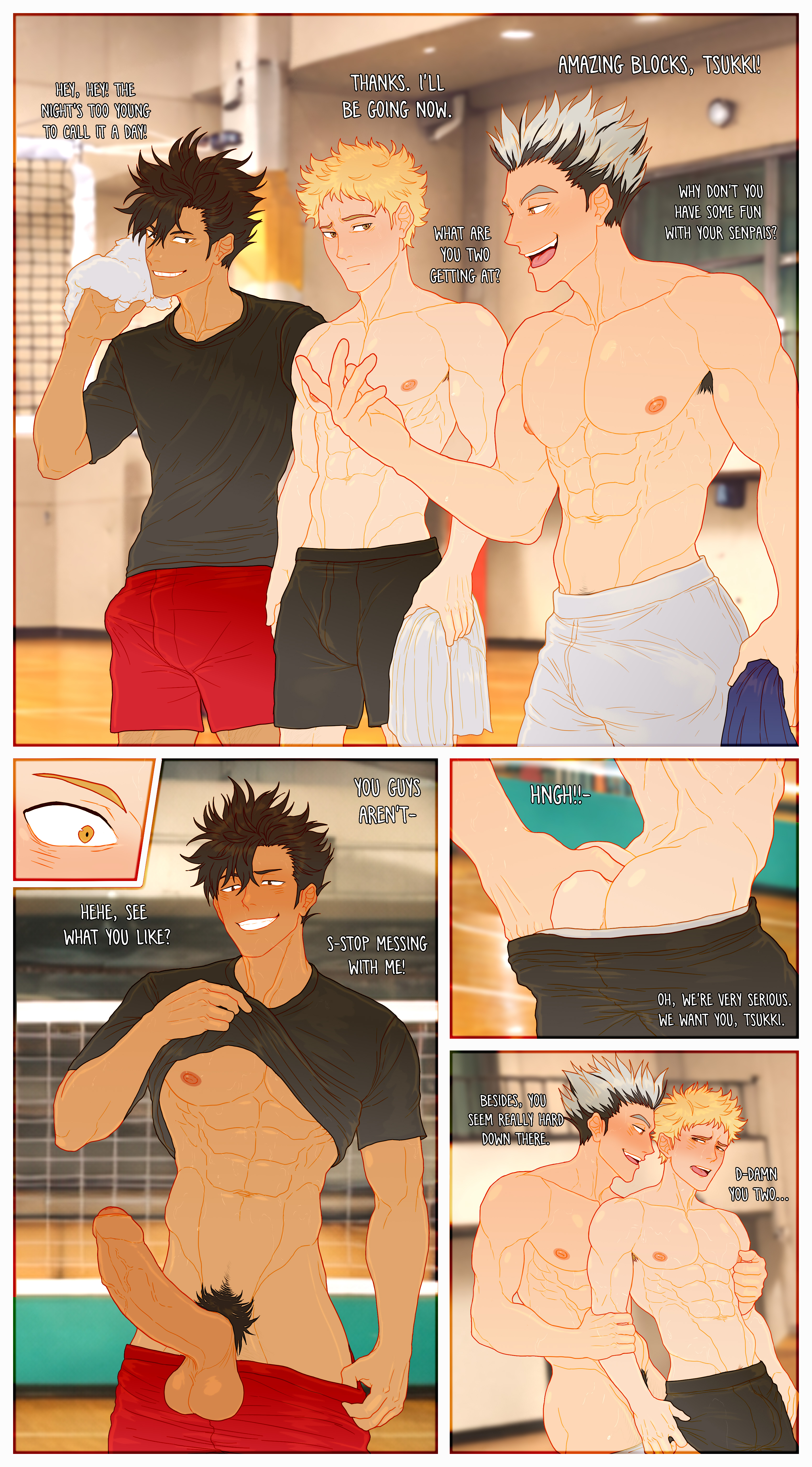 abs, balls, bara, biceps, big balls, big penis, bokuto koutarou, bulge, comic, cuckoo chan, english text, erection, foreskin, gay, haikyuu!!, kuroo tetsurou, male, male nipples, male only, male/male, manly, muscular male, nipples, nude, pecs, penis, text, tsukishima kei, uncircumcised