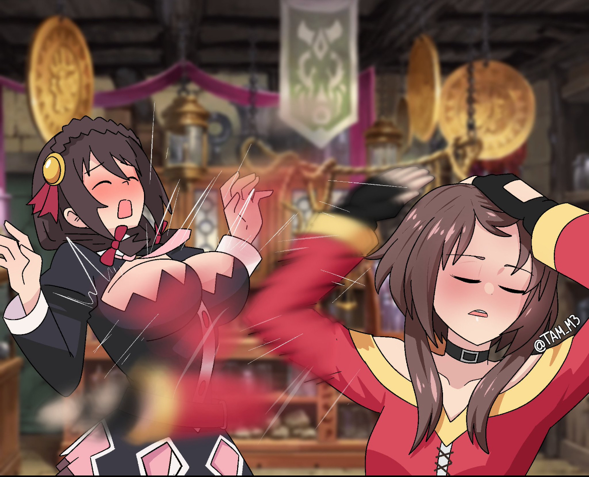 2girls, big breasts, blush, bouncing breasts, breast size difference, breast slap, breasts, breasts bounce, brown hair, canonical scene, cleavage, cleavage overflow, closed eyes, cute, cute face, different breast sizes, flat chest, flat chested, friends, fully clothed, hand in hair, kono subarashii sekai ni shukufuku wo!, konosuba, megumin, multiple girls, naoya hair flip, naoya hitting choso without looking (meme), open mouth, pale-skinned female, sexy, sexy female, slapping breasts, small breasts, small breasts and big breasts, tam m3, tam m3 (artist), tiny breasts, yunyun (konosuba)