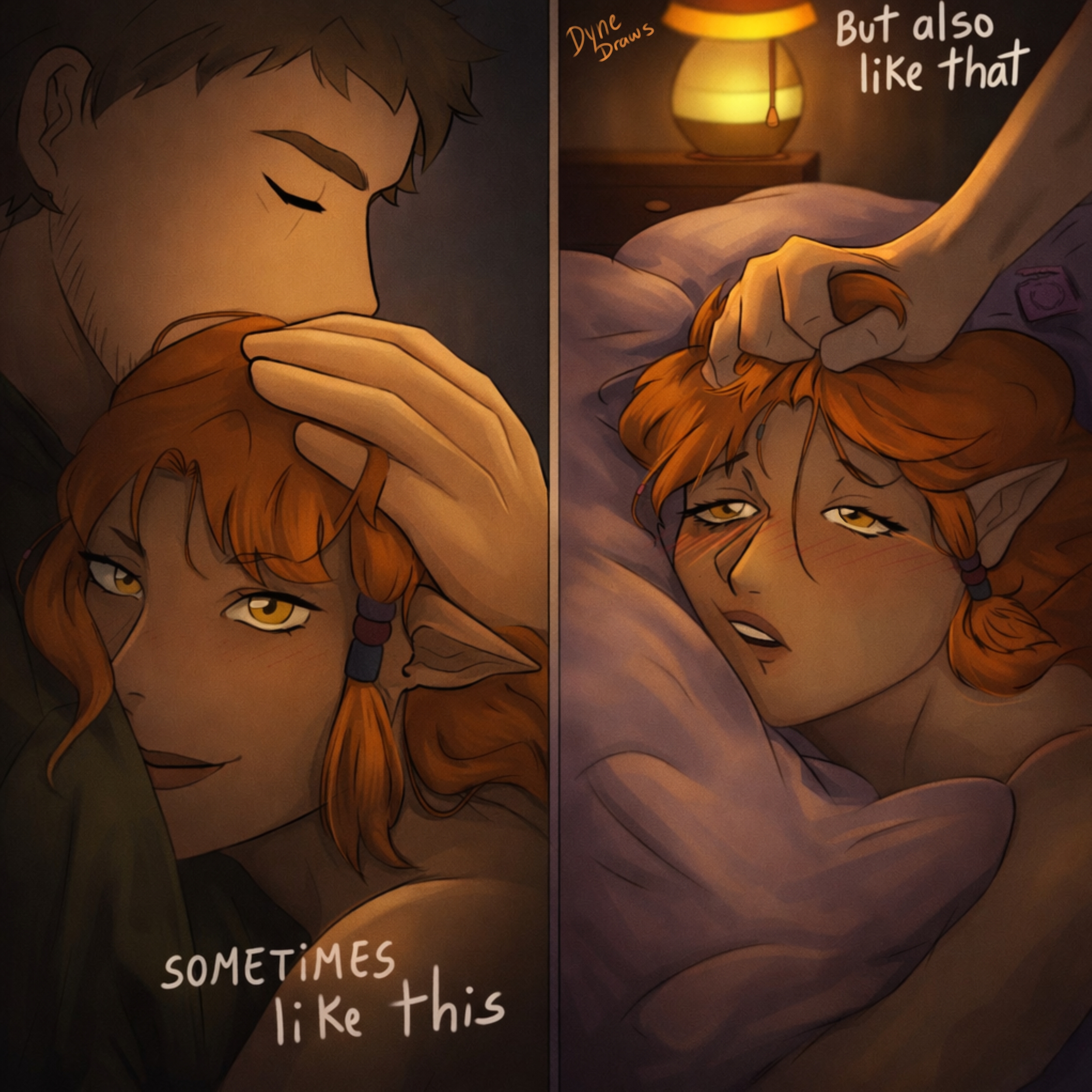 all fours, bed, bedroom, bedroom sex, blonde hair, blush, condom, condom wrapper, dark body, dark room, dark skin, dark-skinned female, digital media (artwork), elf, elf ears, elf female, elf girl, elves, english text, erection, exausted, expression says it all, eyebrows, female, female focus, grabbing, grabbing hair, hair between eyes, hair grab, hand on another's head, hand on head, holding head, horny, horny female, hugging, hugging another, hugging partner, hugging pillow, human, human male, human male on anthro female, implied penetration, implied sex, inside, interracial, interracial sex, interspecies, kneeling, light-skinned male, looking pleasured, looking up, male, moaning, naked, naked female, night, nude, nude female, nude male, on bed, open mouth, orgasm, penetration, pounding, pounding pussy, red hair, sex, simple background, smile, smiley face, smiling at viewer, smirking, sometimes like this also like that, split screen, straight, submissive, submissive female, teeth, tired eyes, undressing, upper body, veins, veiny arms, veiny muscles, wide hips