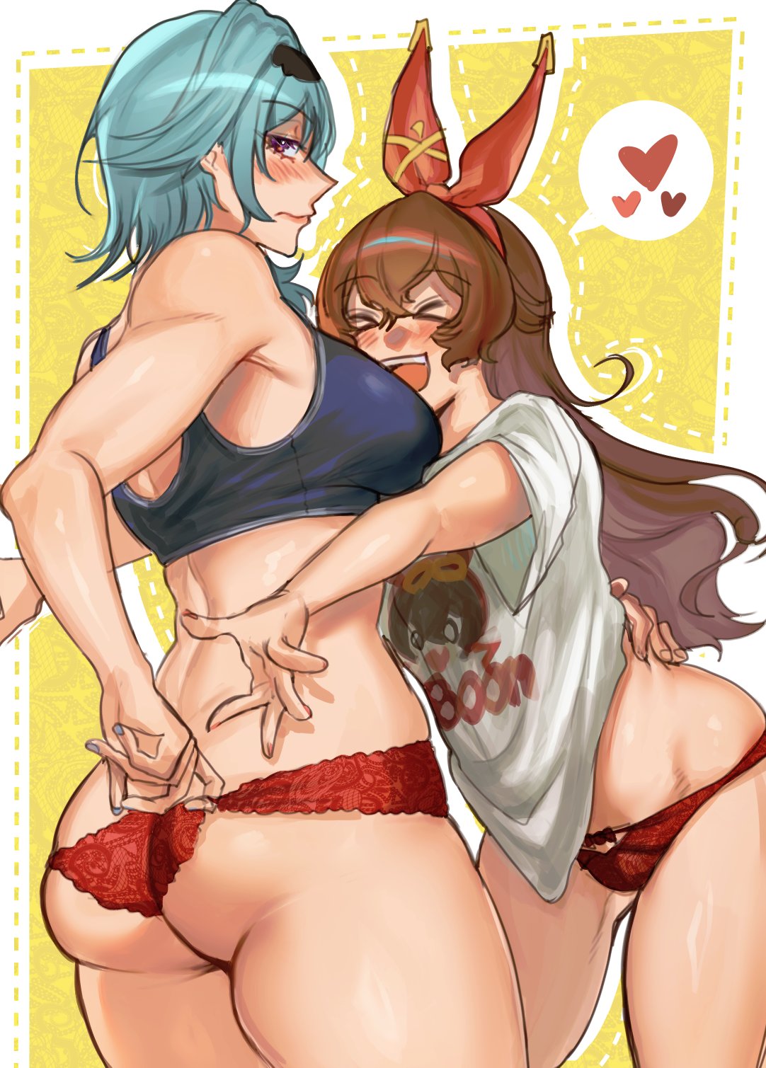 > <, 2girls, amber (genshin impact), ass, baron bunny (genshin impact), blue hair, blush, bra, breasts, brown hair, closed eyes, cyan hair, eula (genshin impact), female, female focus, female only, female/female, genshin impact, hair ornament, heart, hearts, hoyoverse, hug, lingerie, long hair, lonupichi810, medium hair, mihoyo, nail polish, open mouth, panties, purple eyes, shirt, simple background, smile, sports bra, thick thighs, thighs, toned, toned female, tsundere, yellow background, yuri