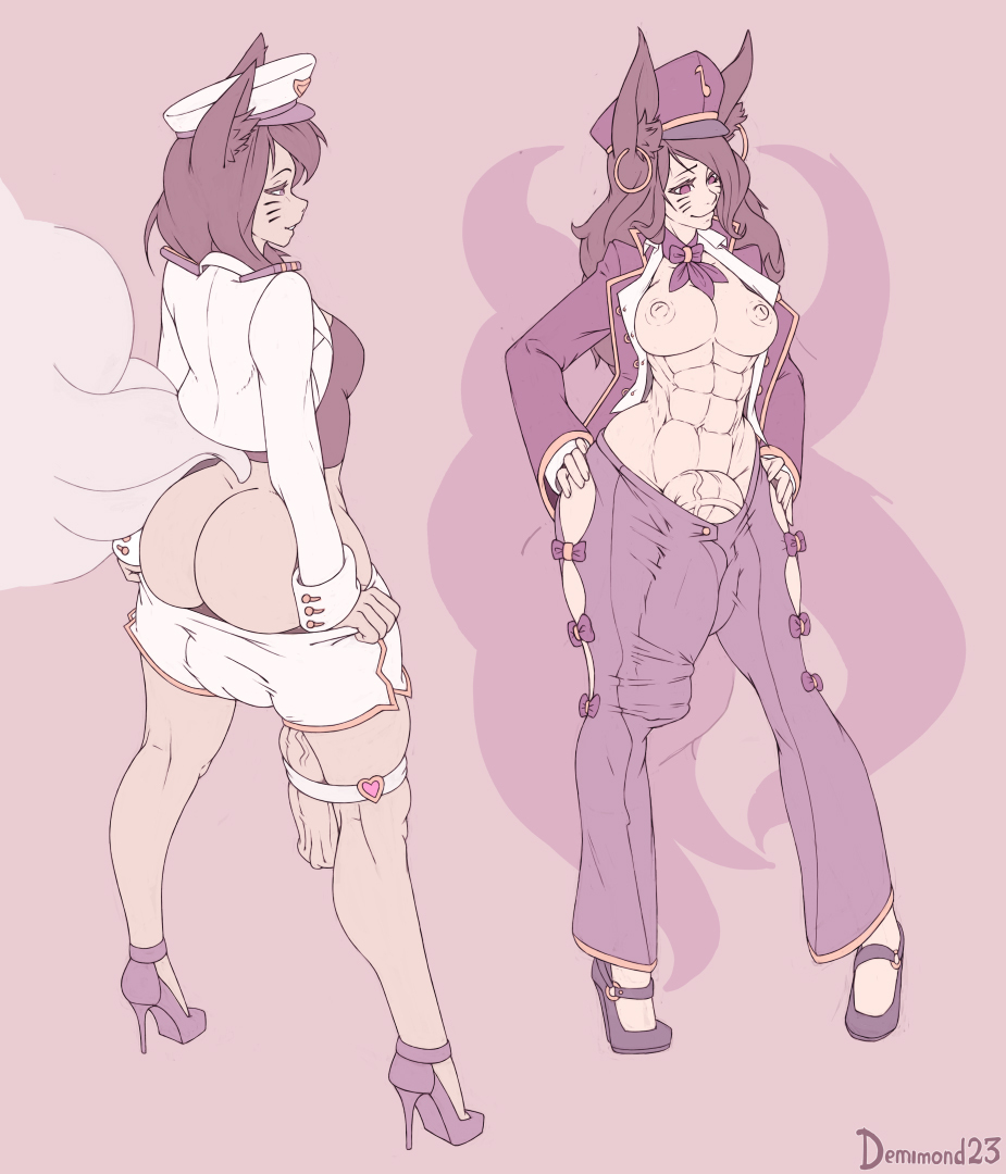 2futas, abs, ahri, areolae, big breasts, breasts, bulge, bulge down leg, demimond23, dickgirl, futa only, futanari, high heels, horsecock, huge cock, intersex, large breasts, league of legends, nipples, no bra, no panties, penis, penis on leg, penis out, penis through leghole, penis to the knees, penis under clothes, stiletto heels, undressing, veiny penis, very high heels