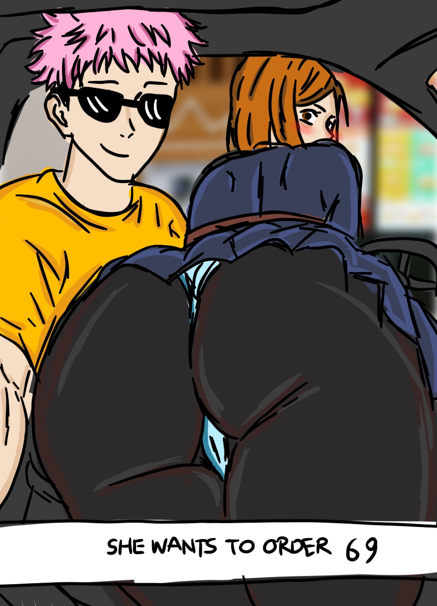 1boy, 1girls, caption, dyed hair, fanart, handprint, handprint on ass, he wants to order, itadori yuuji, jujutsu kaisen, kugisaki nobara, looking back, martinnn (artist), meme, meme caption, meme clothing, original art, panties, she wants to order, sunglasses