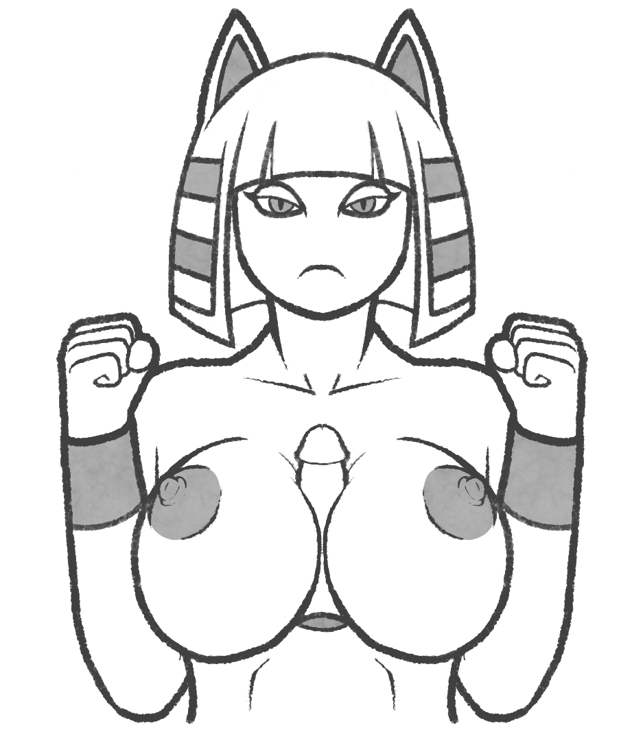 1boy 1girls animal_crossing ankha anthro arcnod breasts duo egyptian feline female furry interspecies mammal monochrome nintendo paizuri pov straight video_games