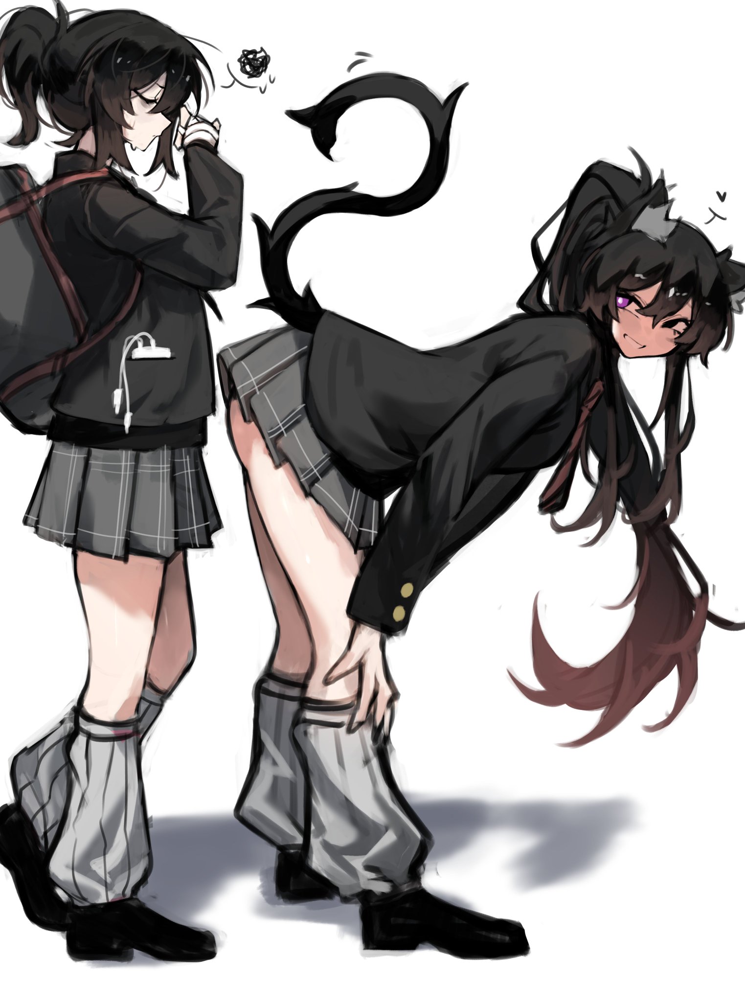 2girls, cat ears, cat tail, school uniform, sfw, shig (shigezie), shigezie, smirk, suggestive, suggestive pose, tagme