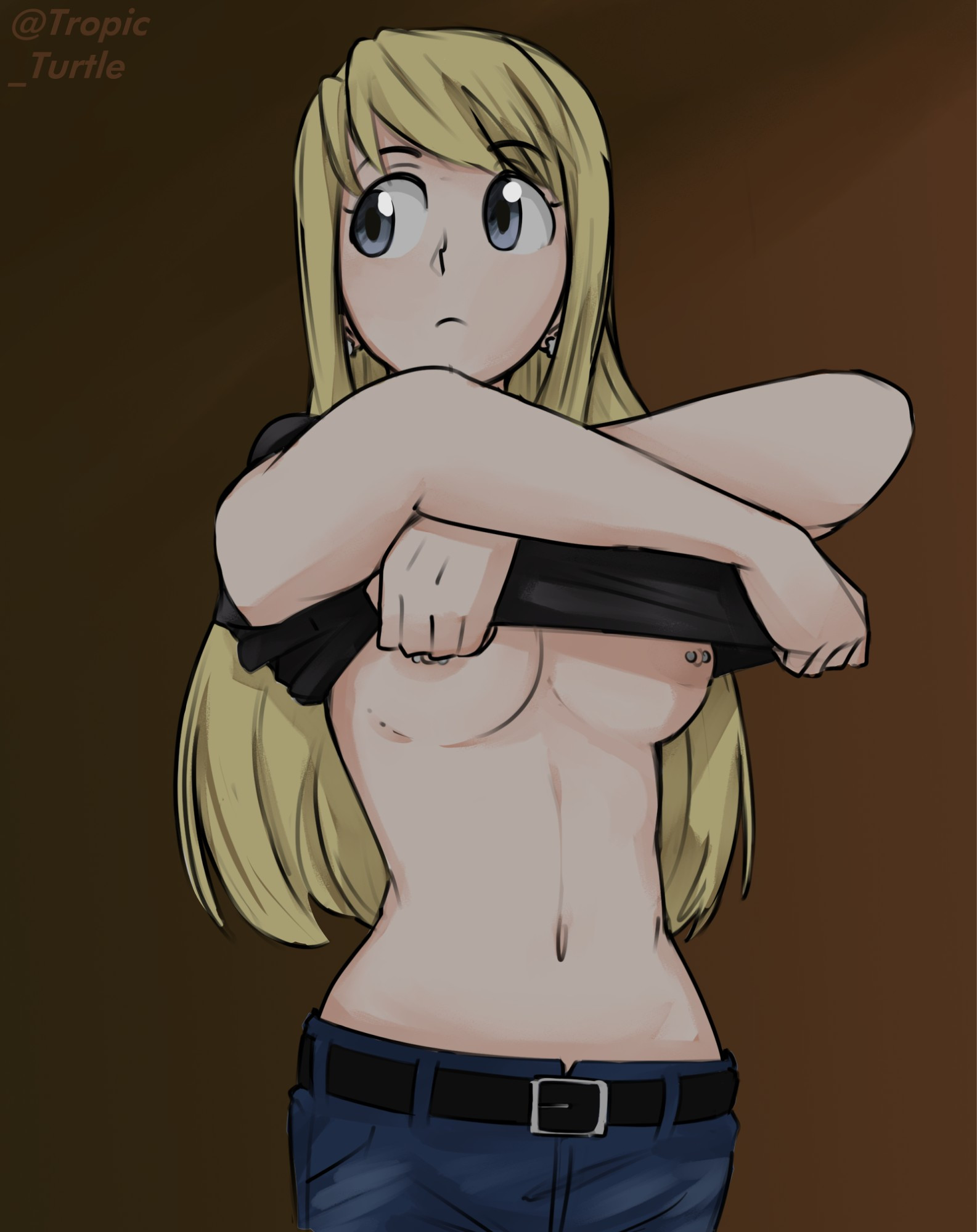 1girls, blonde hair, blue eyes, canonical scene, exposed breasts, fullmetal alchemist, fullmetal alchemist brotherhood, human, lifting shirt, long hair, pierced nipples, tropic turtle, undressing, winry rockbell