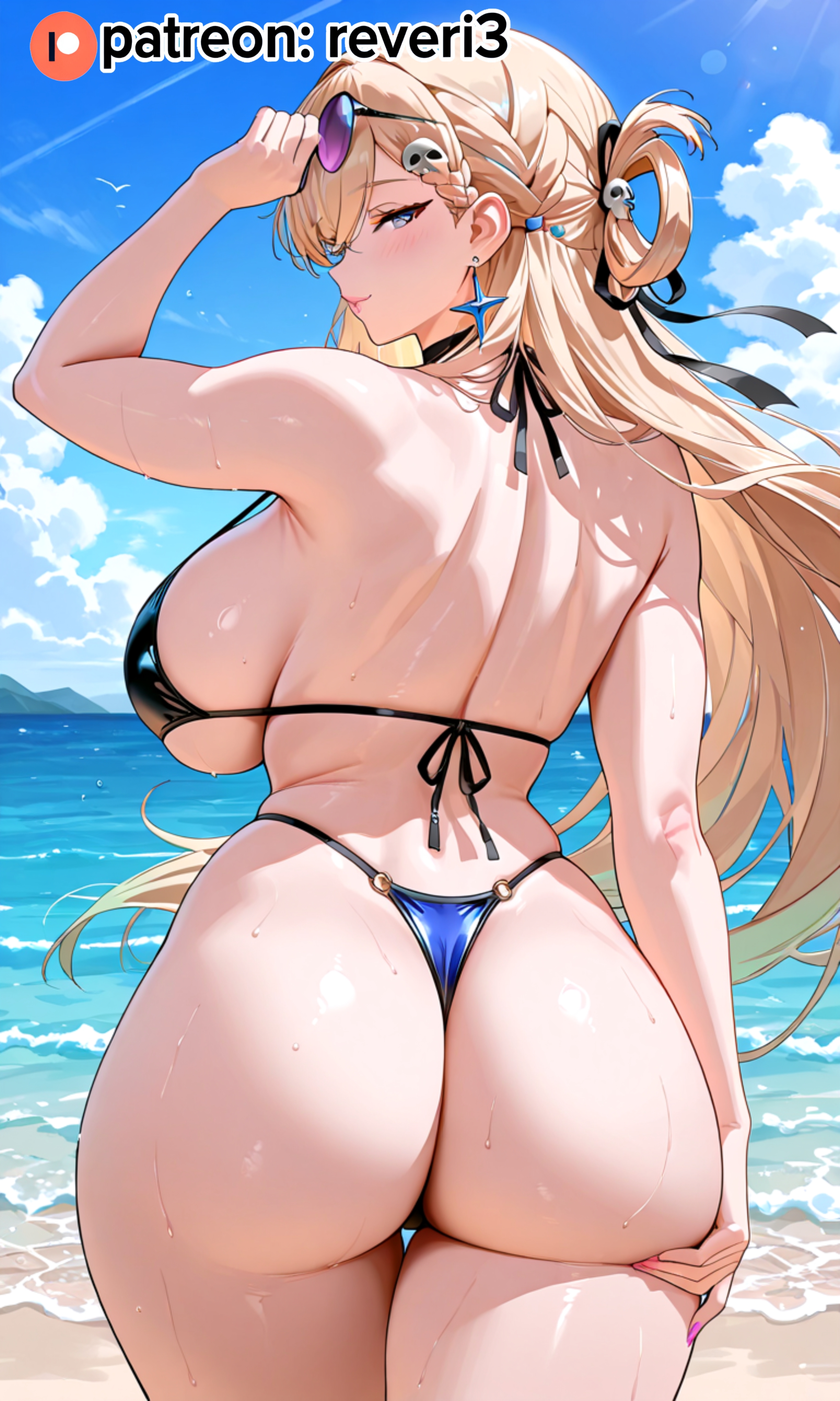 ai, ai art, ai generated, armpit, armpit crease, armpit fetish, armpits, artificial intelligence, back, bangs, bare back, bareback, bbw, beach, belly, big ass, big breasts, big butt, bikini, blonde hair, blue eyes, curvy, eyelashes, female, huge ass, huge breast, huge breasts, huge butt, large ass, large breasts, large butt, long hair, looking at back, looking at viewer, looking back, looking back at viewer, looking behind, lynae (wuthering waves), massive ass, massive butt, outdoors, plump, public indecency, reveri3, sideboob, solo, standing, tall female, tall girl, thick, thick arms, thick back, thick thighs, thong, wuthering waves, yellow hair