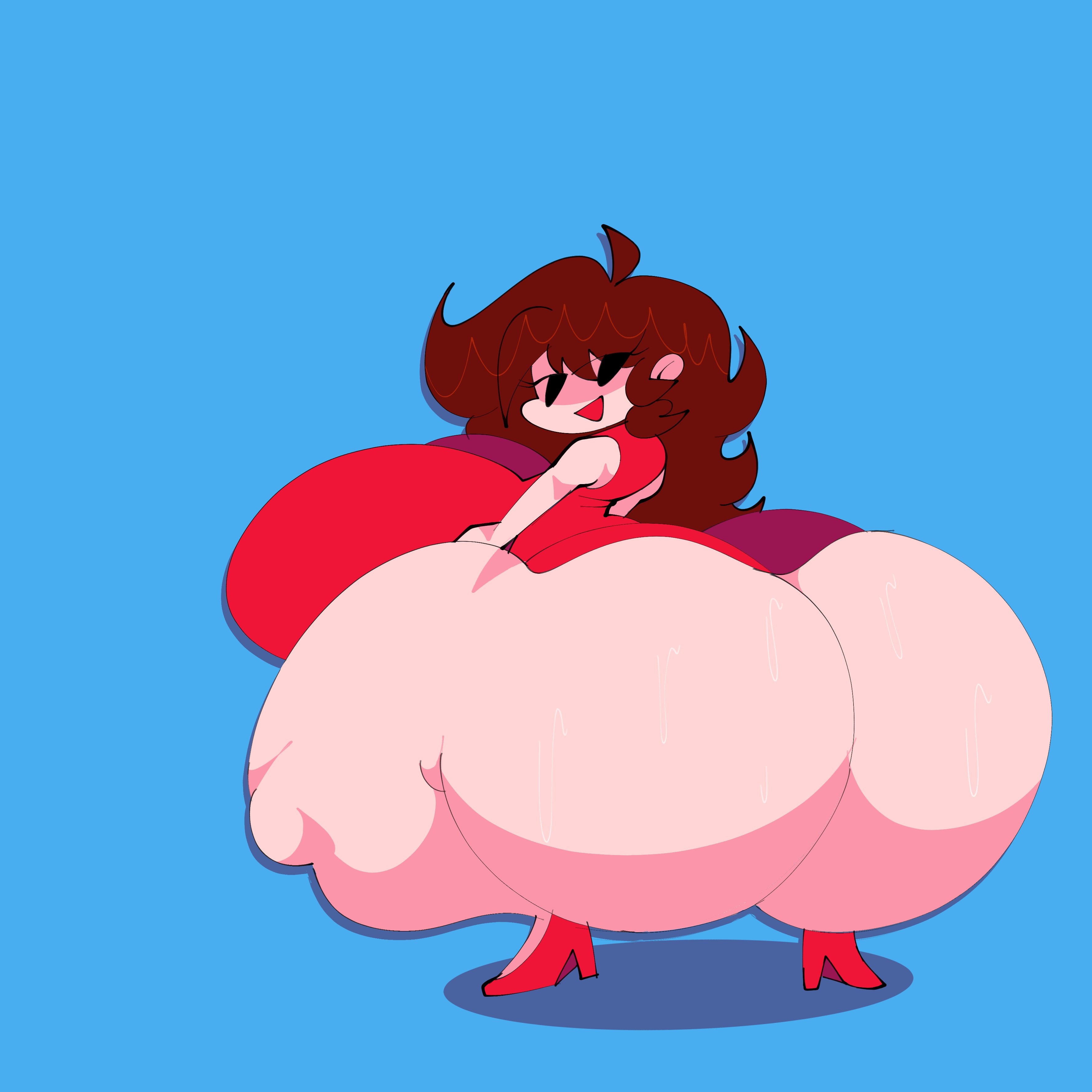 1girls, ass bigger than head, ass bigger than torso, ass focus, ass too big, ass too fat, auburn hair, big ass, big breasts, big butt, breasts bigger than head, dress, dress lift, fat ass, female, female only, friday night funkin, full body, girlfriend (friday night funkin), huge ass, huge breasts, hyper ass, large ass, large breasts, long hair, massive ass, massive breasts, selloutscum, smiling at viewer, solo, solo female, thick thighs, thighhighs, thighs