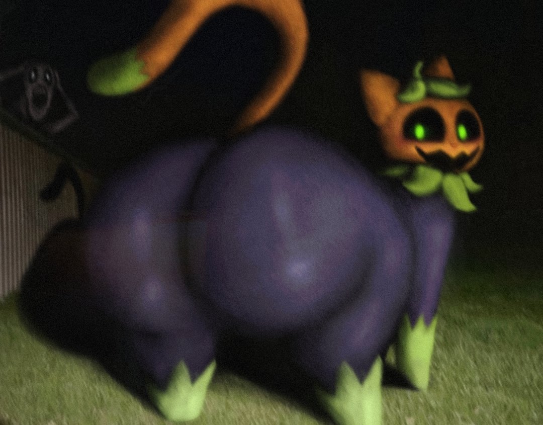 cat, feral, guhg kemon, huge ass, looking at viewer, looking back, pumkat, pumpkin head, smile, solo focus, tagme, tail