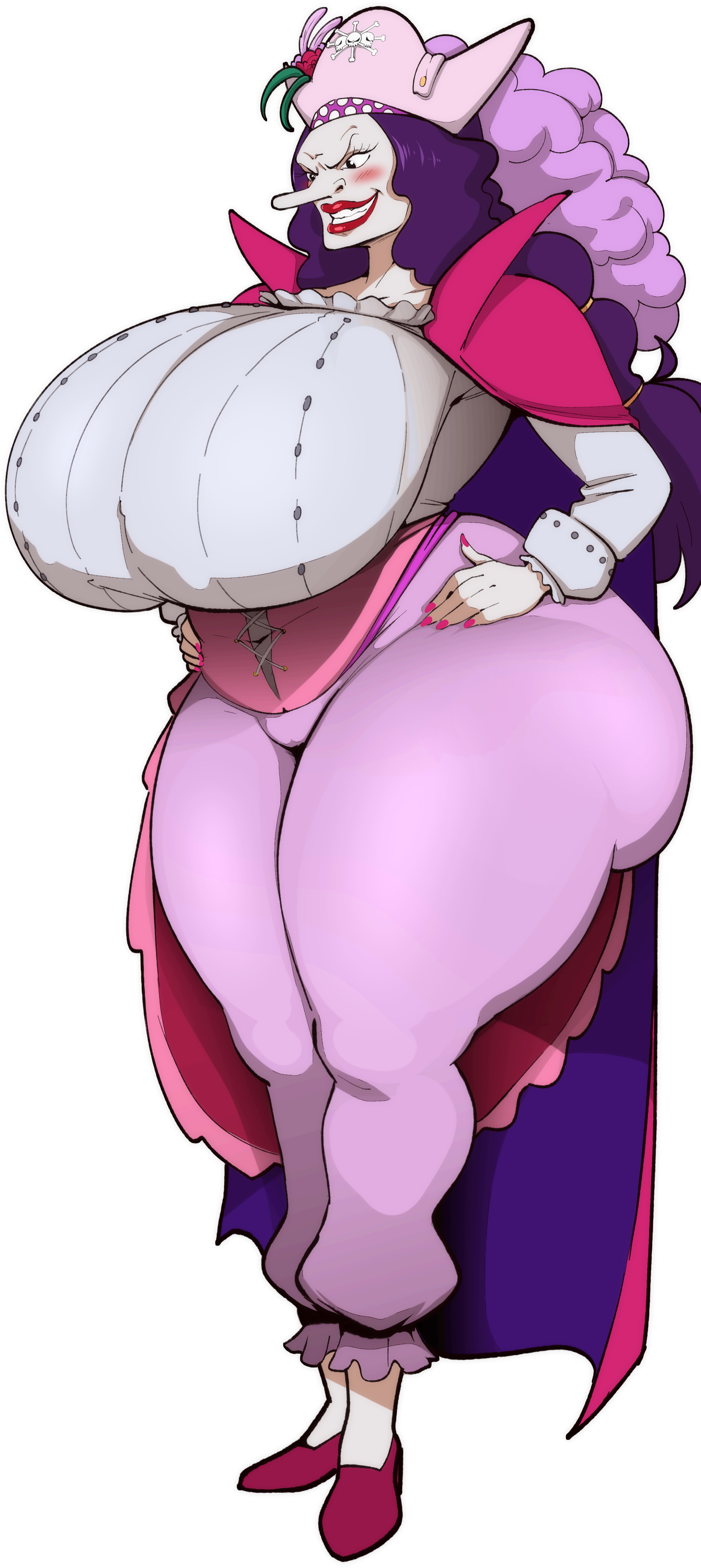 1girls, bittercream, cape, catarina devon, clothed, clothing, curvy body, curvy figure, fat ass, female, female only, hat, huge breasts, mature female, one piece, pink hair, smirk, ugly, ugly female