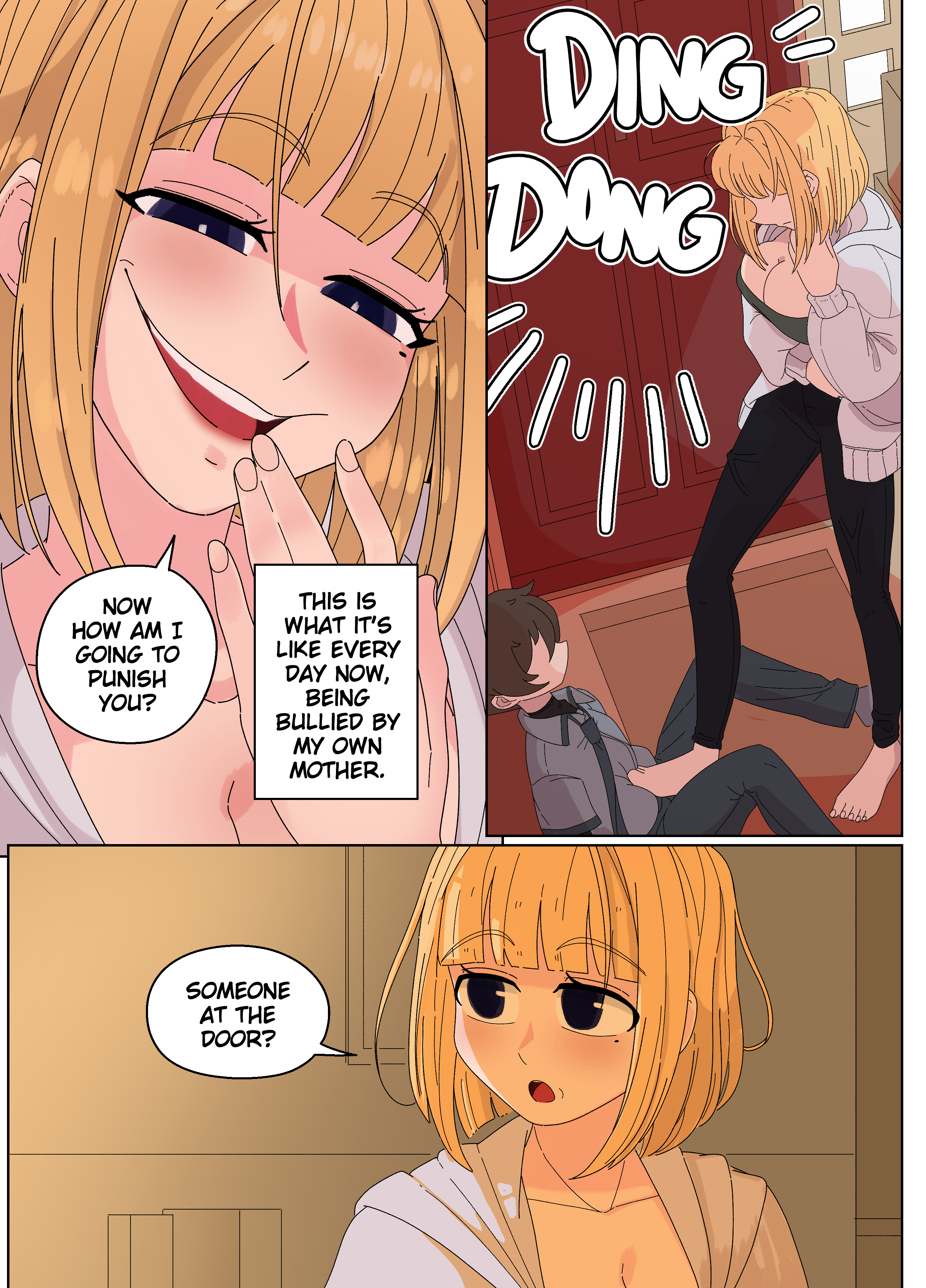 1boy, 1girls, abuse, beauty mark, big breasts, blonde female, blonde hair, blonde-haired female, body costume, breasts, bullying, cleavage, color, comic, corruption, cruelty, curvy figure, disguise, ellie skinsuit, english text, evil smile, female, freckles on breasts, genderswap, genderswap (mtf), home, human costume, humansuit, humiliating, humiliation, identity theft, impersonation, imposter, impunderneath, interrupted, male in female body, maria (impunderneath), mature female, mature woman, menacing, milf, mole under eye, mother, mother and son, narrowed eyes, netorare, original, original character, perfect disguise, possessed, possession, purple eyes, short hair, short shirt, skinsuit, smirking, stomping, stomping on balls, stomping on dick, weak male, white hoodie, younger male