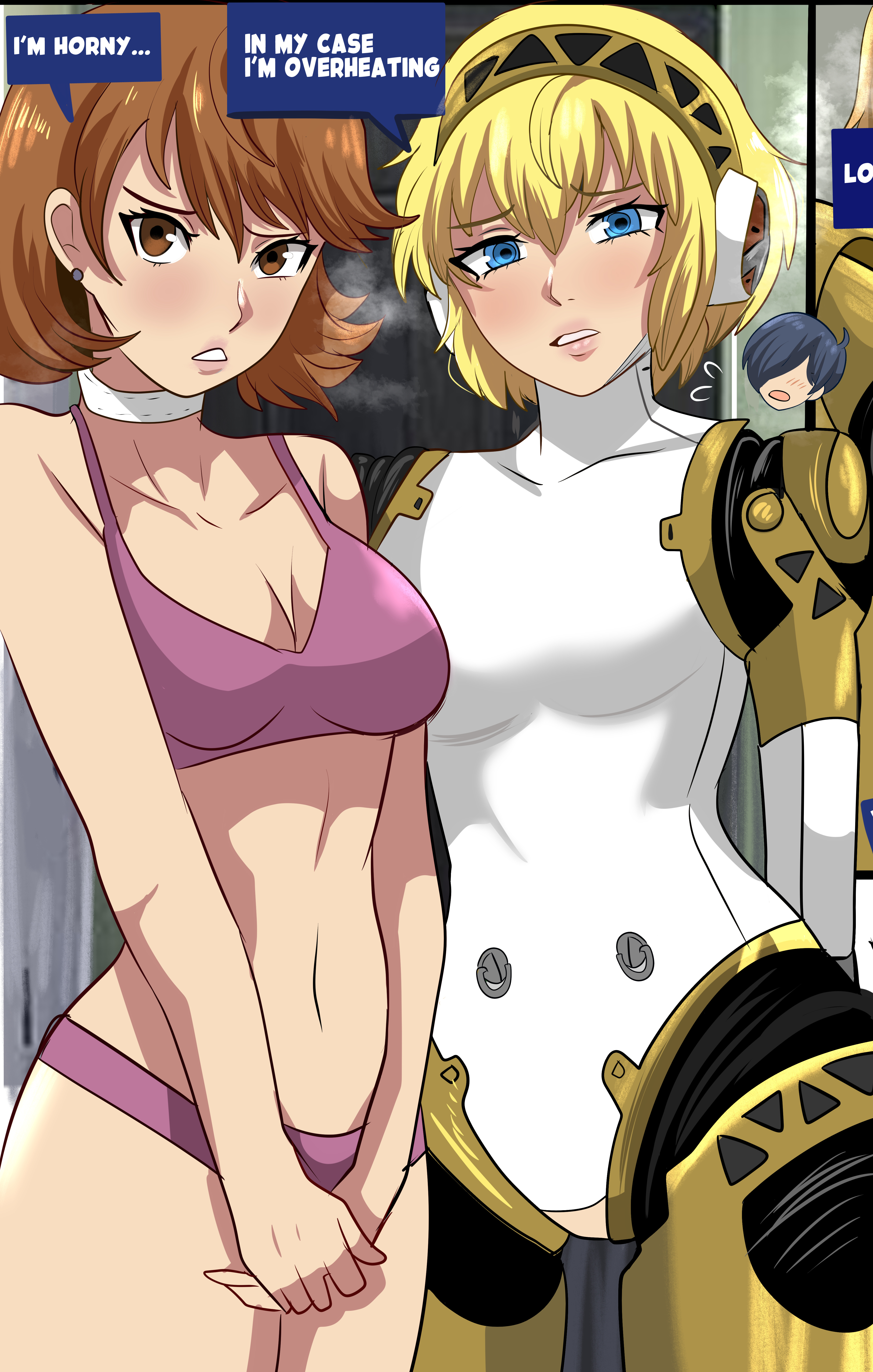 2girls, aigis (persona), android, android girl, blonde hair, blue eyes, bra, brown eyes, brown hair, choker, comic, comic page, horny, indoors, karbuitt, makoto yuki, medium breasts, panties, persona, persona 3, persona 3 portable, persona 3 reload, short hair, underwear, yukari takeba
