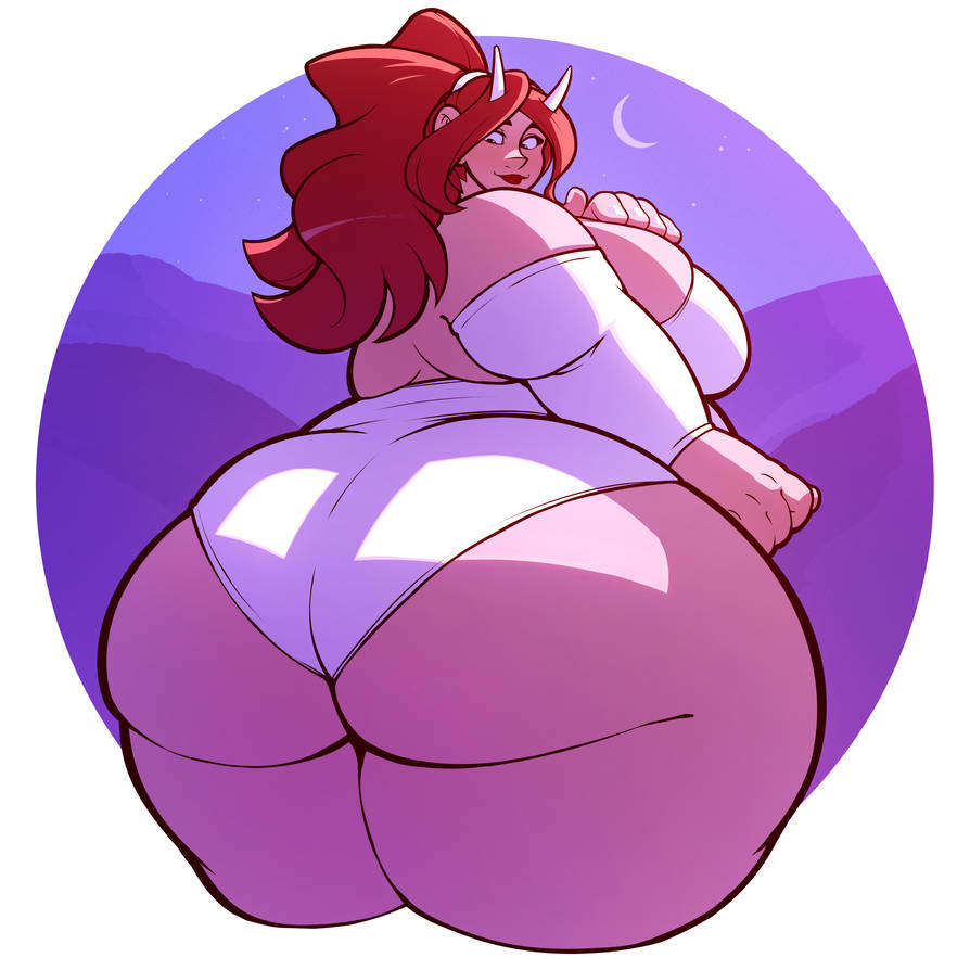 ass focus, bbw, big ass, chubby female, curvy, dragon girl, gisela (nectardreamz), horns, huge ass, huge thighs, looking at ass, looking at own ass, looking at own butt, looking back, moon, nectardreamz, night, night sky, red hair, swimsuit, thick thighs, wide hips