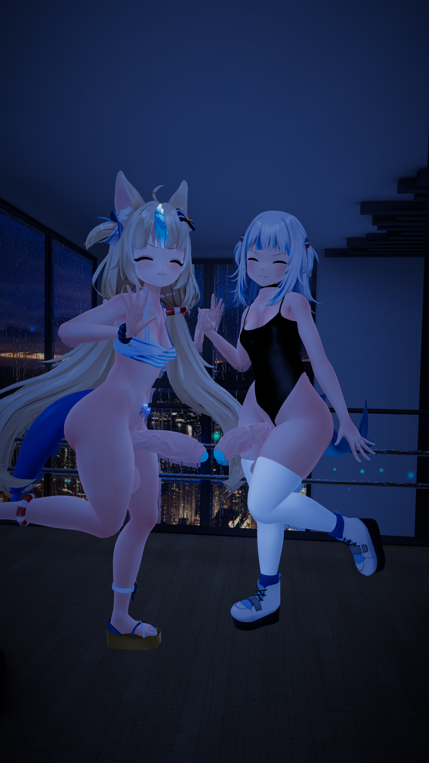3d, big balls, big penis, dominant, futanari, gawr gura, hololive, hololive english, justpotato55, looking at viewer, sameko saba, virtual youtuber, vrchat