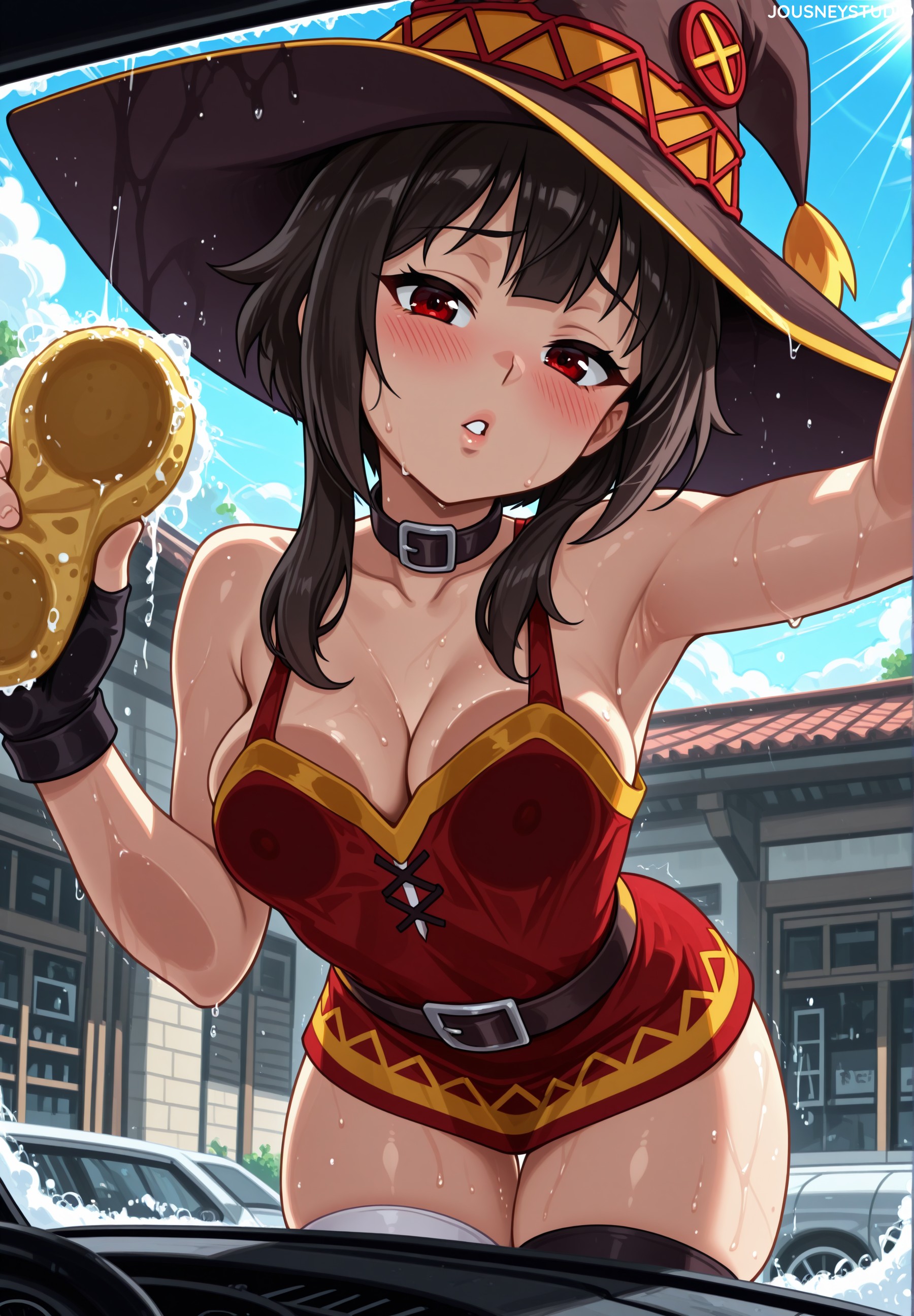 against glass, ai generated, alternate breast size, armpits, bandaged leg, bandages, bare arms, bare shoulders, belt, bent over, black choker, black gloves, black hair, black headwear, black thighhighs, blue sky, blush, breast press, breasts, breasts on glass, brown belt, brown hair, brown headwear, buckle, car, car interior, car wash, choker, cleaning, cleavage, clothing, cloud, collar, collarbone, covered nipples, cowboy shot, day, dress, female, fingerless gloves, gloves, hat, headwear, holding, jousneystudio, kono subarashii sekai ni shukufuku wo!, konosuba, large breasts, leaning forward, looking at viewer, medium breasts, megumin, motor vehicle, outdoors, parted lips, patreon username, raised eyebrows, red dress, red eyes, short dress, short hair, short hair with long locks, sidelocks, single thighhigh, skindentation, sky, sleeveless dress, soap, soap bubbles, solo, sponge, steering wheel, sweat, thigh gap, thighhighs, thighs, washing, wet, window, witch hat